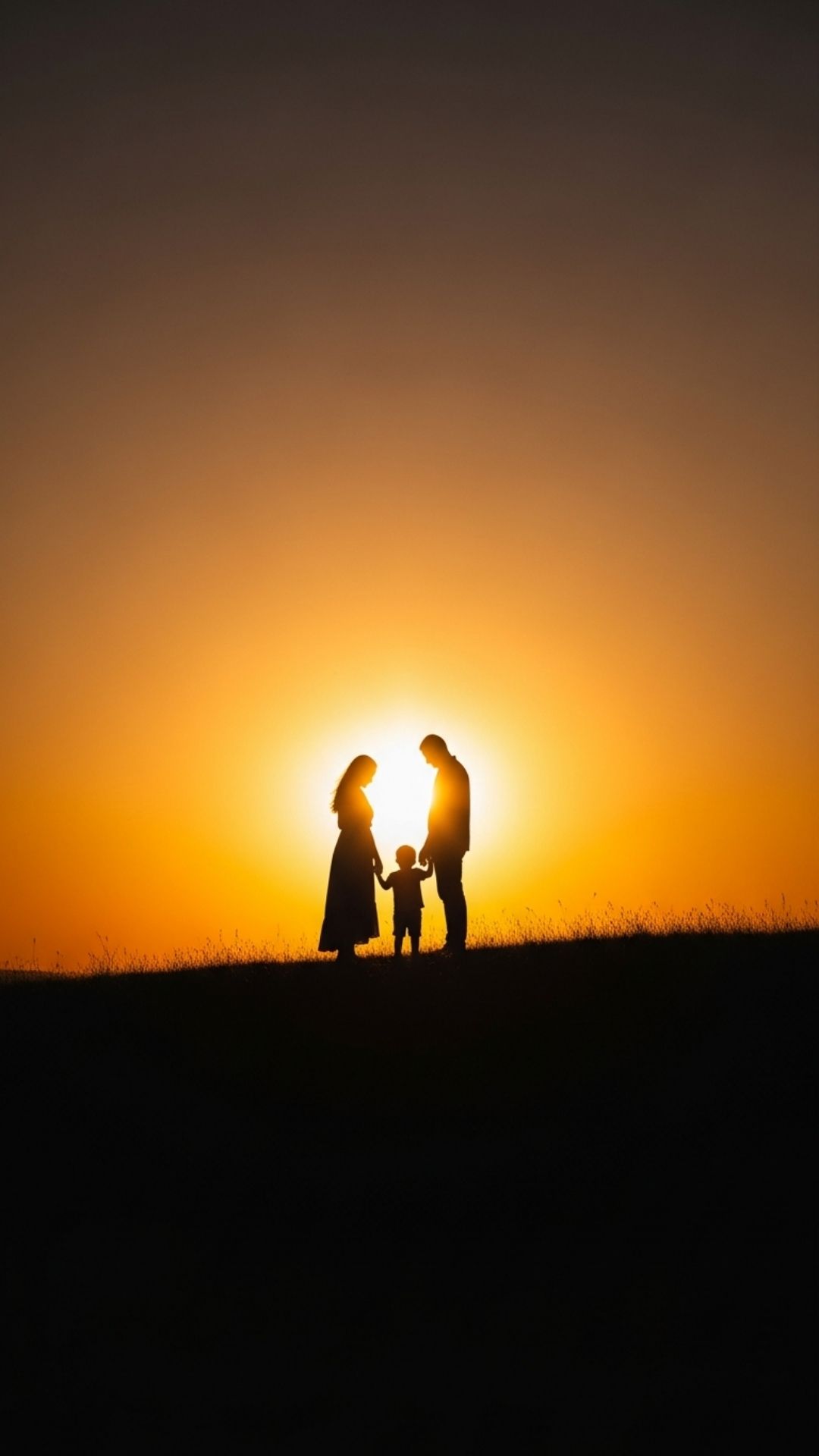A vertical artistic silhouette of a family standing against a golden sunset, creating a warm and moody aesthetic profile picture for WhatsApp that emphasizes family bonding without revealing faces.