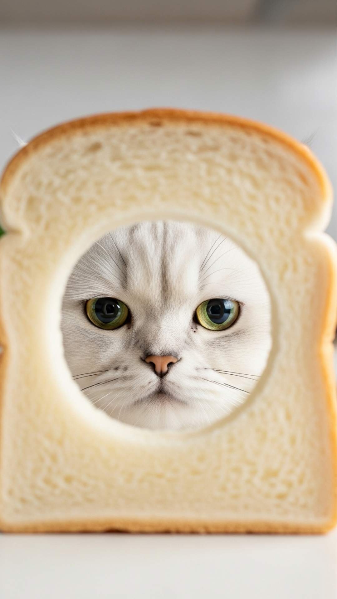 The iconic bread face cat meme featuring a fluffy white kitten with its head through a slice of bread. This classic viral funny cat image serves as a humorous and lighthearted display picture, perfect for connecting people through laughter on social media platforms like Instagram.