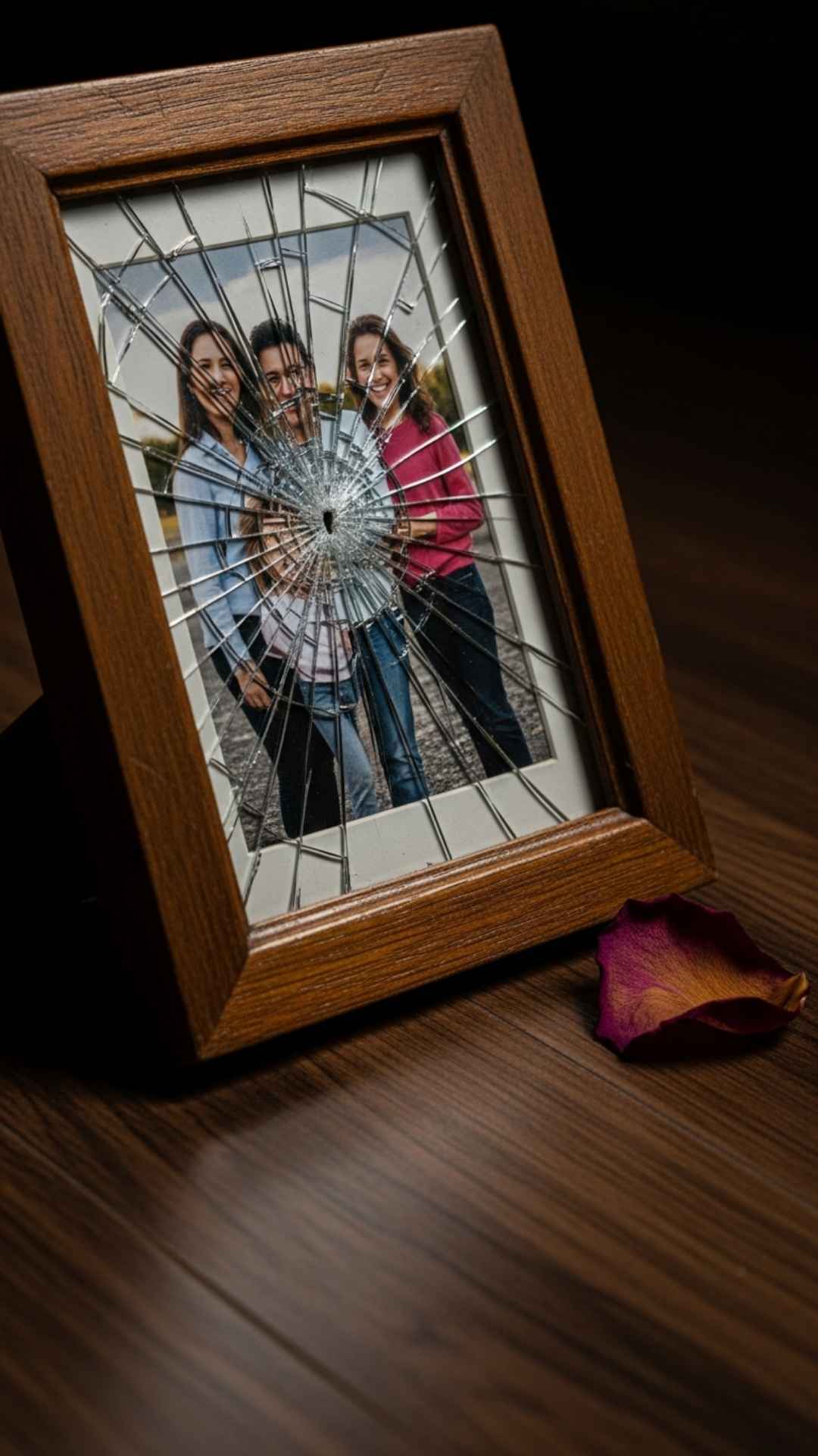 A close-up vertical image of a broken photo frame with shattered glass on the floor, representing a broken family, divorce, or painful separation, suitable for an emotional WhatsApp profile picture during difficult times.
