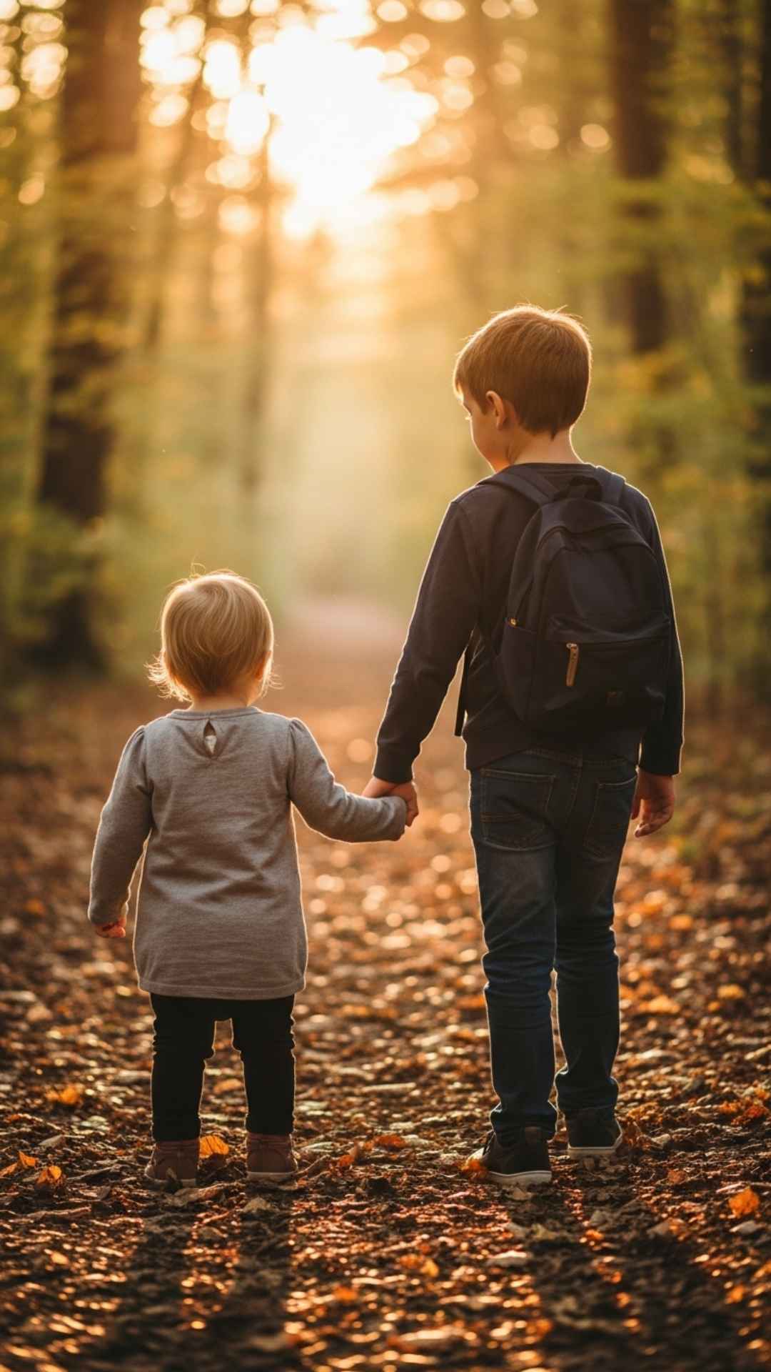 A vertical heartwarming picture of a brother and sister walking hand-in-hand down a path, symbolizing the protective sibling bond and eternal friendship, perfect for a Raksha Bandhan or Bhai Dooj WhatsApp DP.