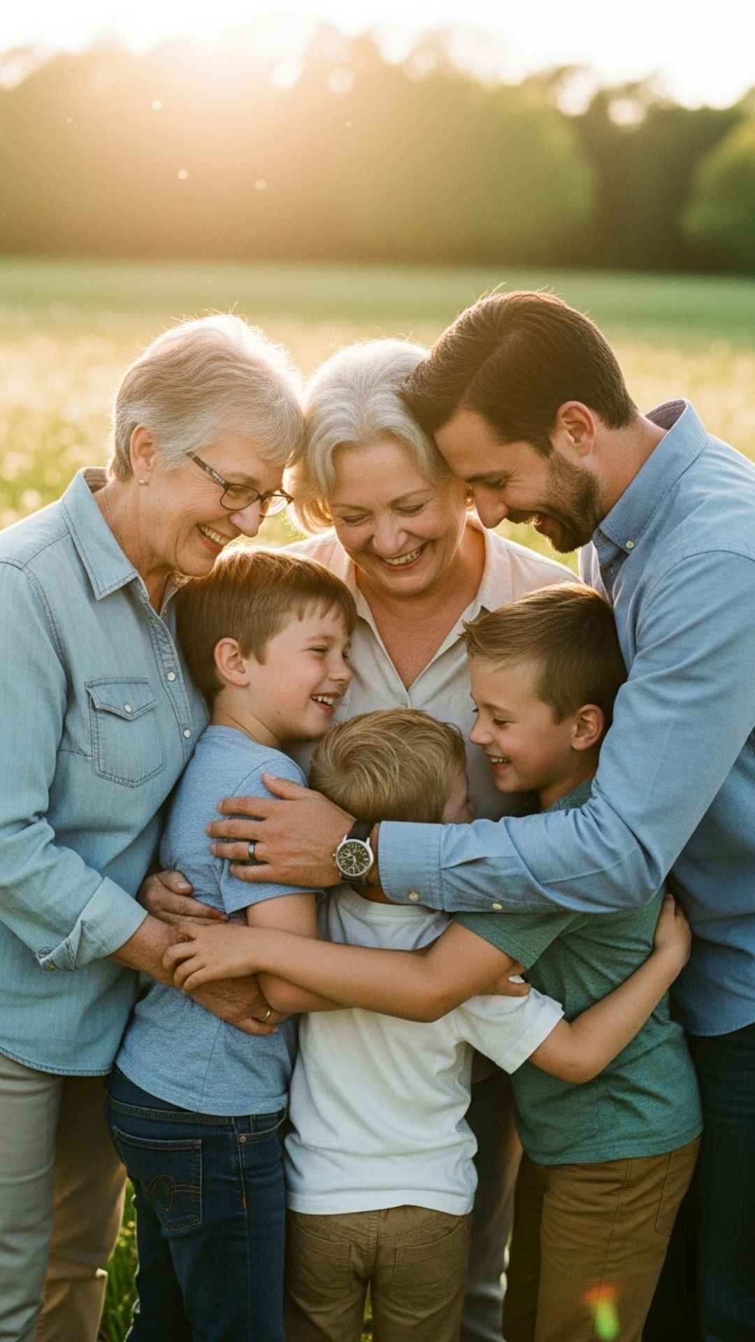 A candid vertical photo of a multi-generational family group hug in a meadow, illustrating genuine family bonding and unity suitable for a heartwarming WhatsApp display picture or Instagram profile.