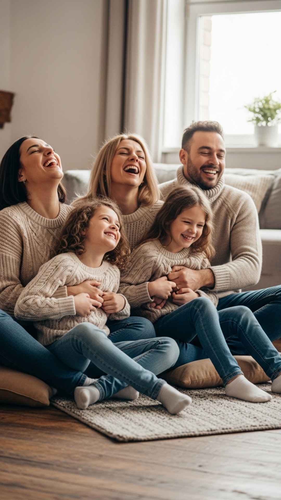 A vertical candid family photo showing parents and children laughing on the living room floor, perfect for an authentic WhatsApp DP that captures genuine happiness and unposed family bonding moments.