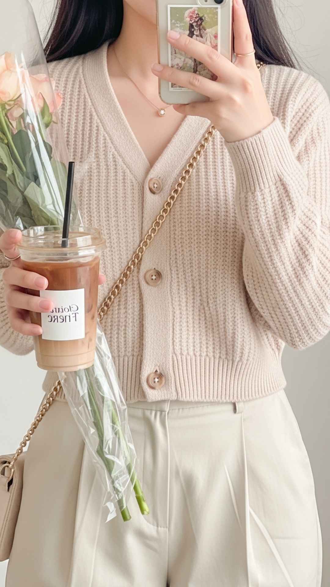 A chic and aesthetic mirror selfie capturing "soft girl" details like flowers and a pastel outfit. This feminine and polished image style serves as excellent inspiration for the best WhatsApp DP for girls looking for a cute, non-face-focused profile picture.