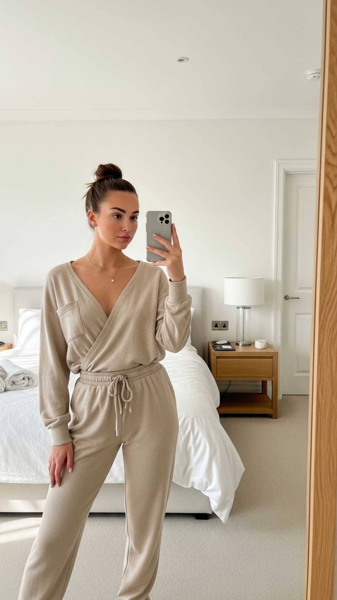 A vertical minimalist mirror selfie featuring the popular "clean girl" aesthetic with a slicked-back bun and neutral beige loungewear. The image utilizes soft natural morning lighting and a clutter-free white background, creating a polished and effortless look suitable for a stylish Instagram DP or Pinterest mood board.