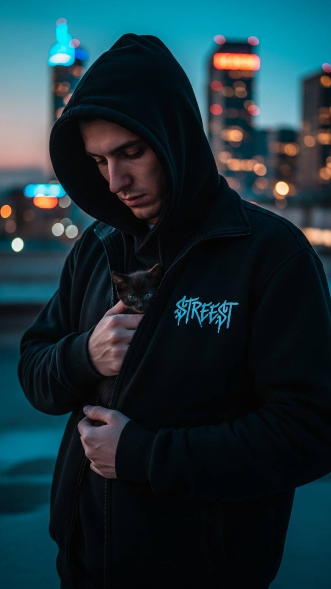 A cool guy in a streetwear hoodie tenderly protecting a tiny kitten, showcasing a strong yet gentle personality. This "boy with cat" image targets the urban aesthetic trend, making it a perfect Facebook DP for boys who want to look cool while showing their caring side.
