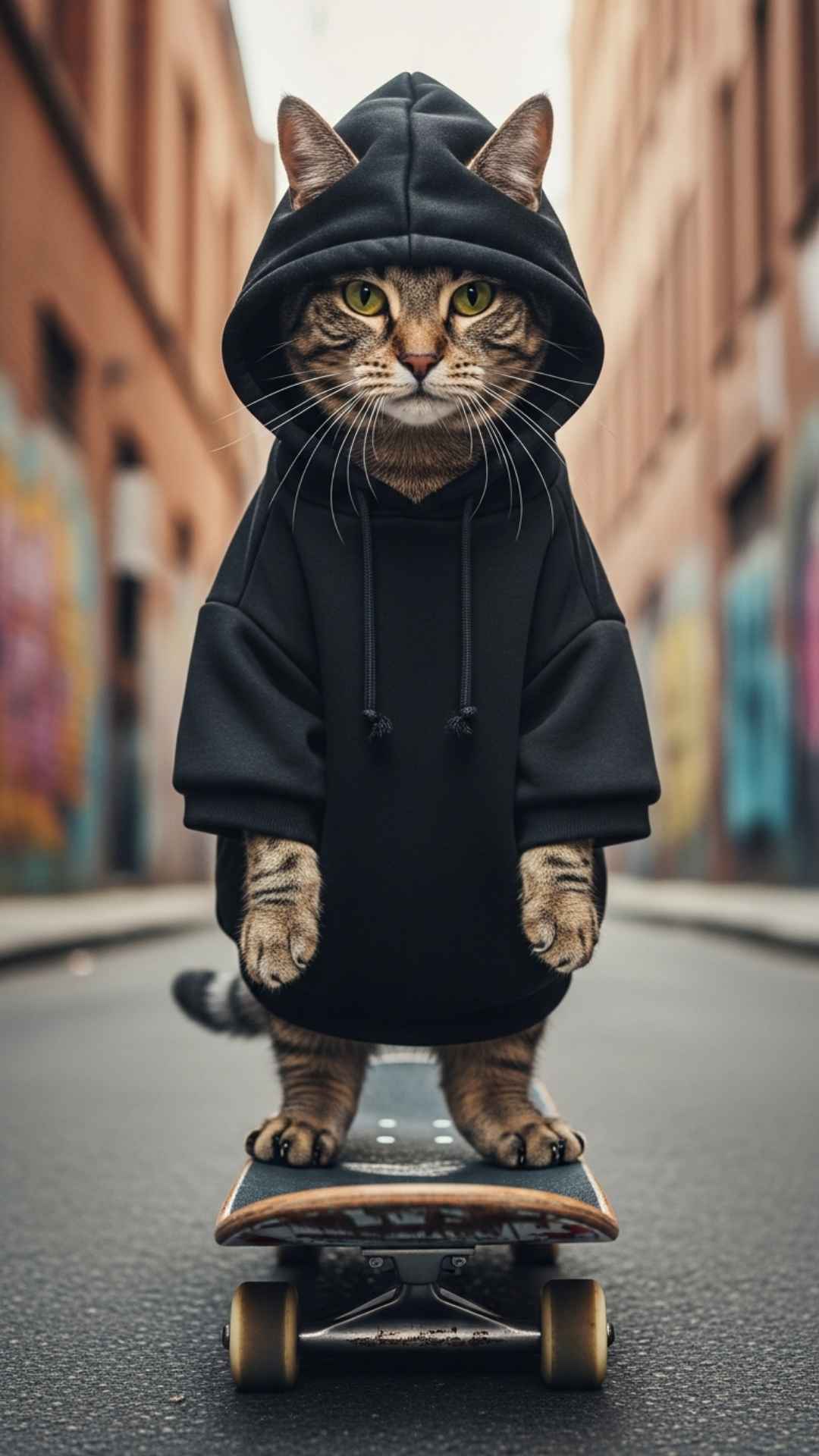 A swag cat wearing a black streetwear hoodie and standing on a skateboard, representing the ultimate cool profile picture for boys. This gangster cat aesthetic is perfect for users looking for a unique and stylish social media avatar.