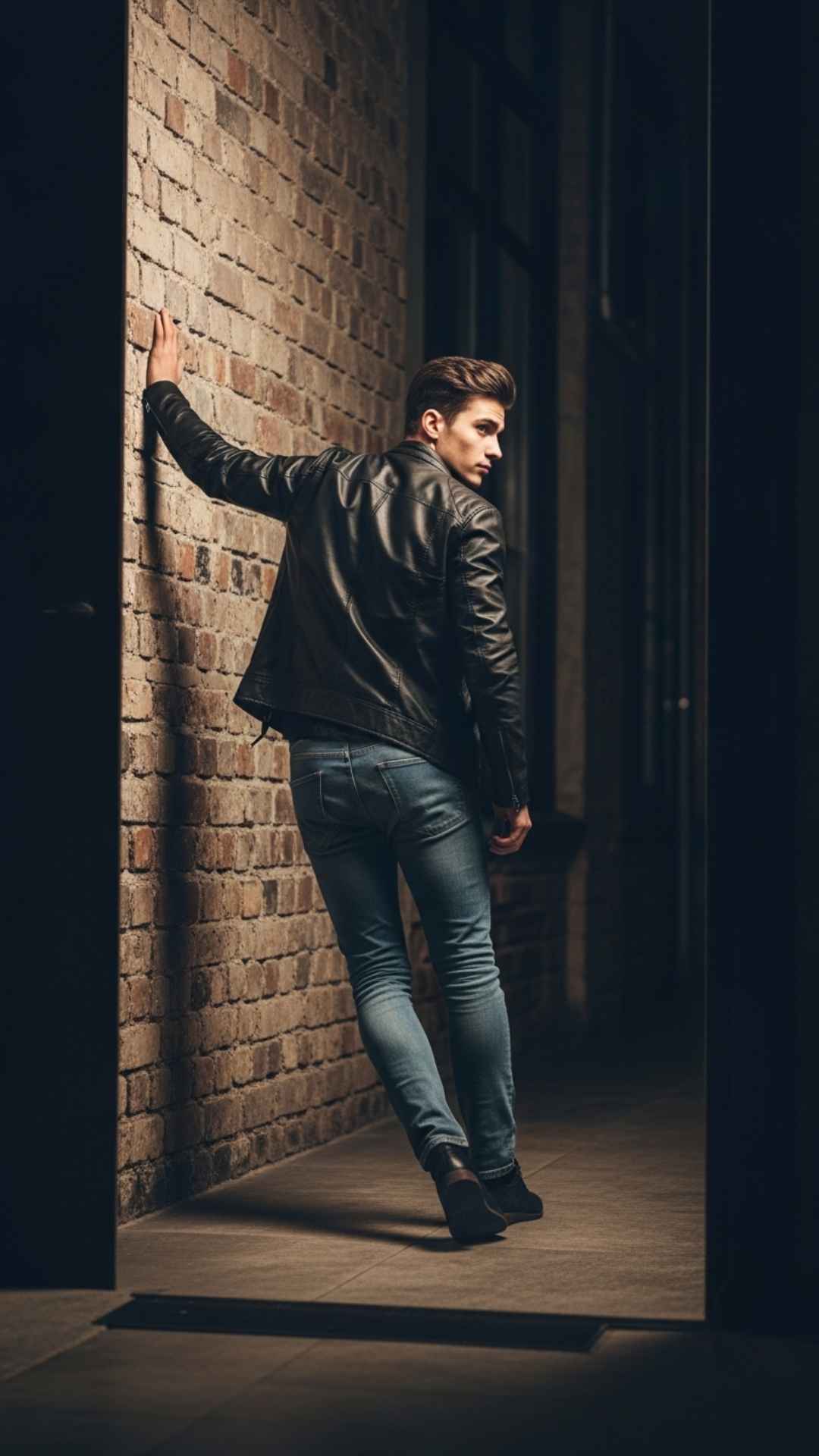 A vertical mirror selfie featuring a boy using the "wall lean" pose to create a relaxed, non-static look. This cool Facebook DP idea conveys confidence and attitude, making it a top choice for boys who want a stylish and casual profile picture without trying too hard.