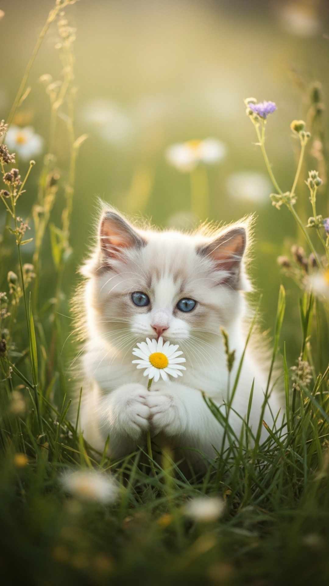 A sweet kitten holding a white daisy flower in a meadow, perfectly embodying the cottage-core aesthetic for a nature-inspired profile picture. This visual is tailored for girls looking for a soft, romantic, and pure cat DP for Facebook or Instagram stories.