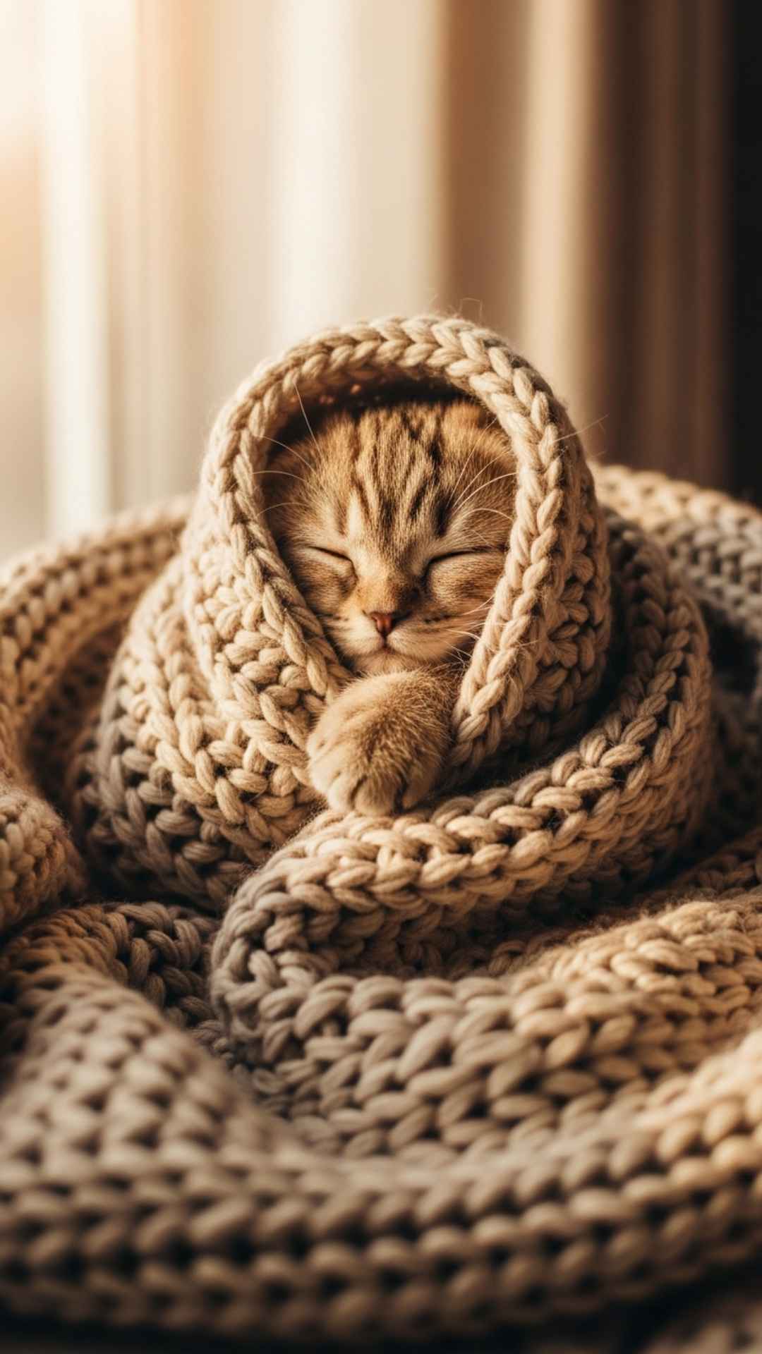 An adorable cat tucked into a warm chunky knit blanket, capturing a cozy and snug mood for an aesthetic profile picture. This image serves as a perfect soft aesthetic background or avatar for users seeking comfort and warmth in their digital presence.