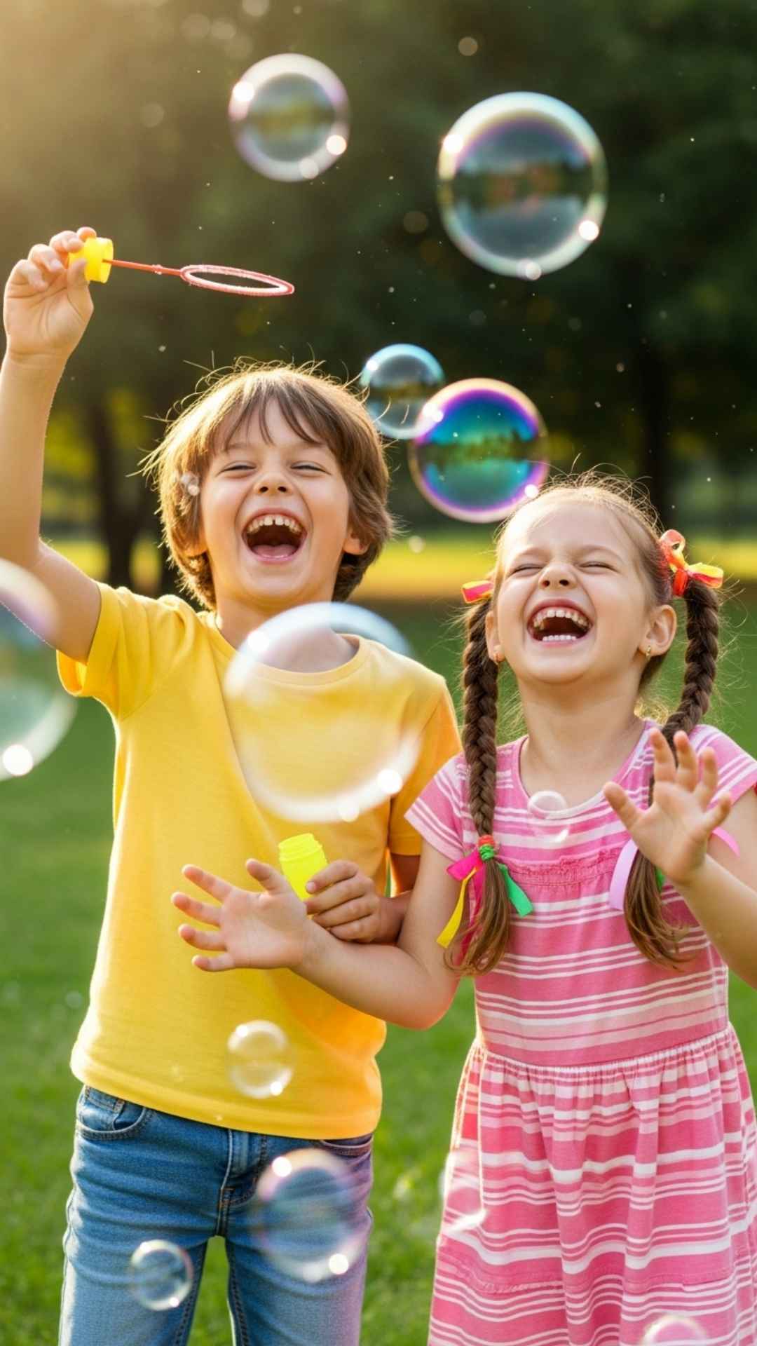 A candid vertical photo of cute siblings laughing and playing with bubbles in a park, capturing a moment of genuine joy and fun for a happy brother and sister profile picture (DP).