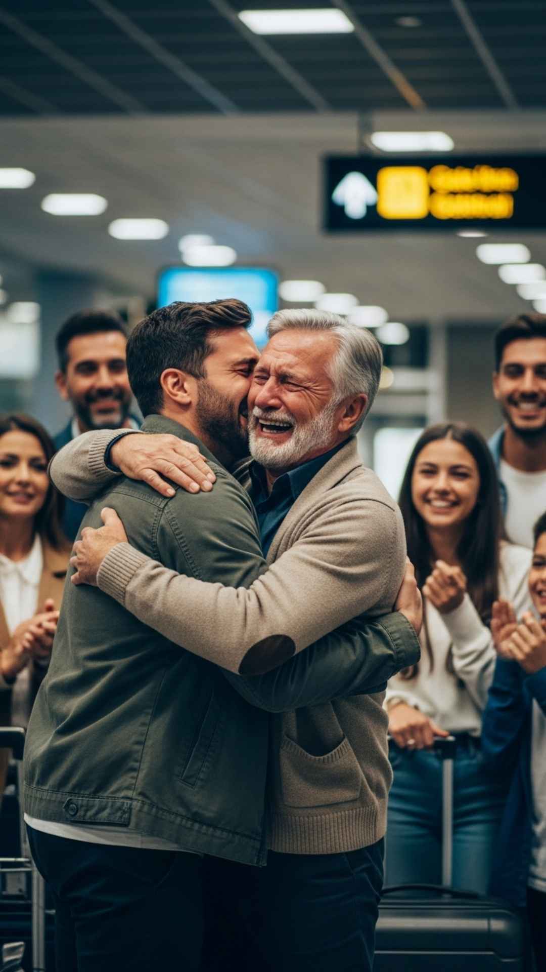 An emotional vertical shot of an adult son hugging his father at an airport reunion, conveying deep joy and connection, ideal for an expressive family profile picture for those missing home.