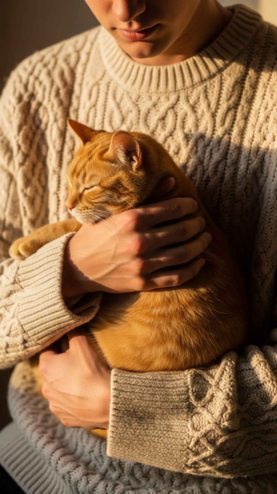 A faceless boy gently holding a sleepy orange cat in a cozy sweater, perfectly embodying the trending "soft masculinity" aesthetic. This heartwarming image is optimized for boys seeking a profile picture that projects a strong yet caring personality without revealing their face.