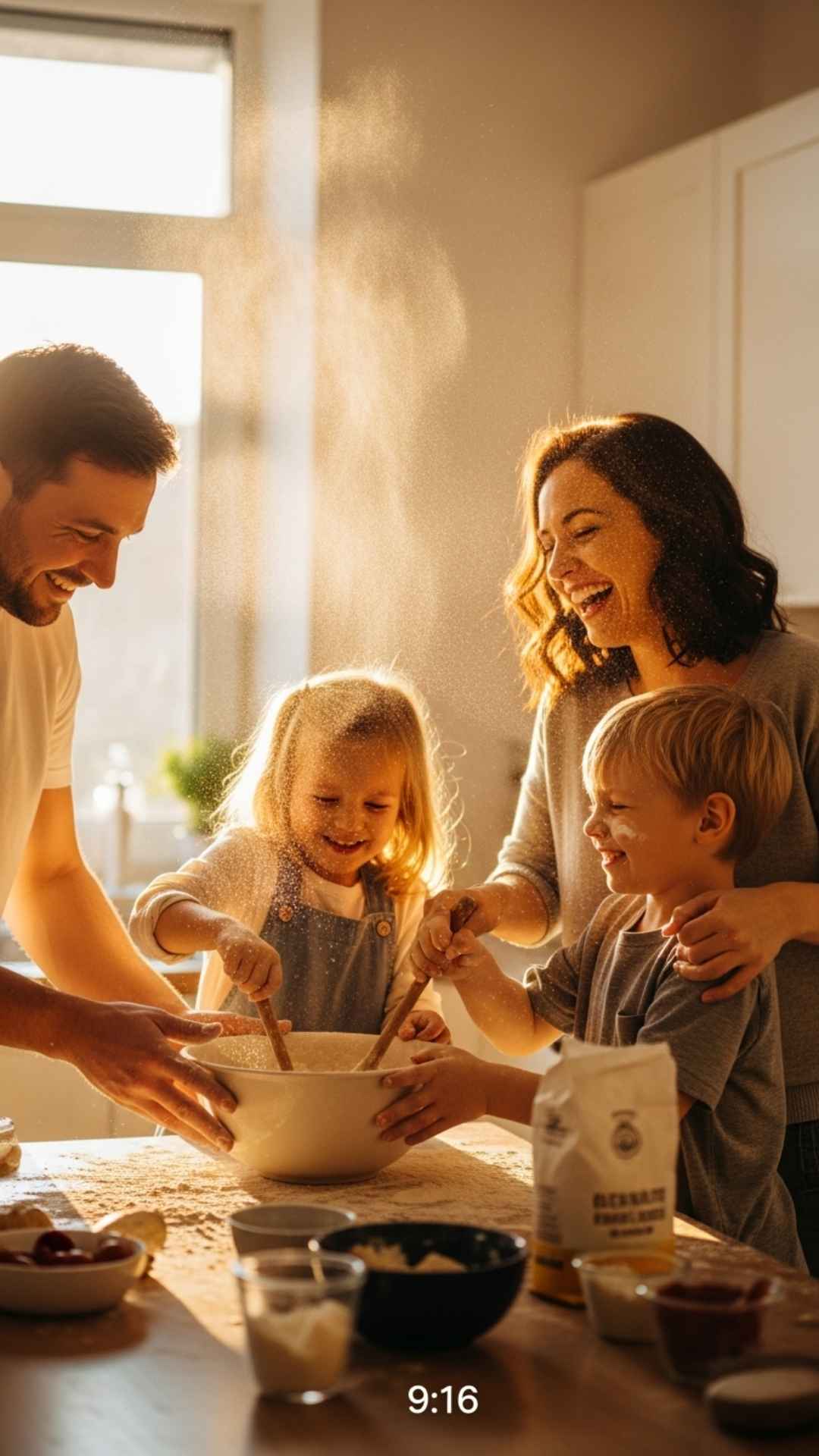 An unposed picture of a family cooking and making a mess in the kitchen, representing the "perfectly imperfect" family DP trend of 2025 where authenticity and shared activities matter more than posed perfection.