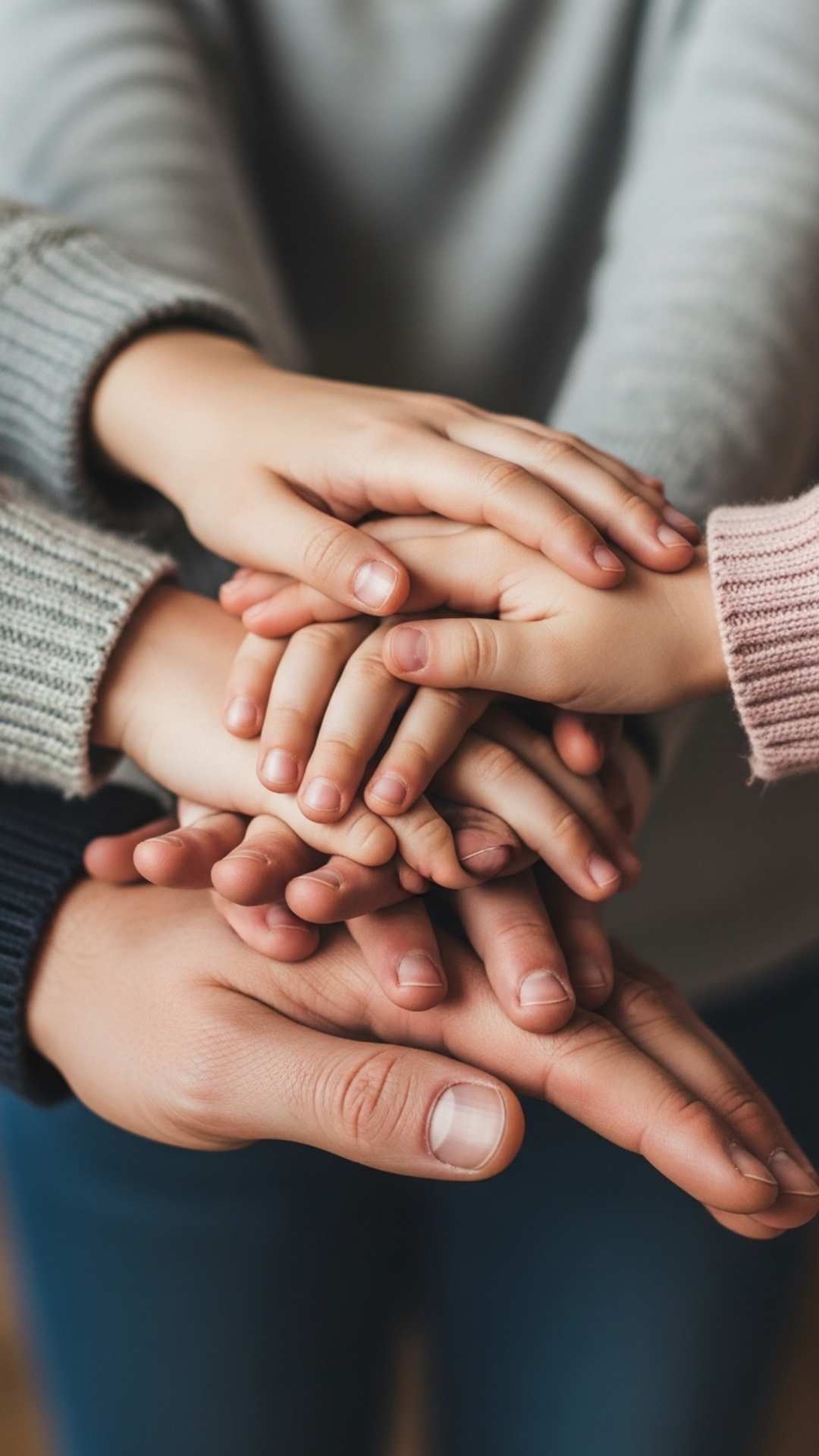 A close-up vertical aesthetic photo of family hands stacked together, symbolizing unity and love, perfect for a minimalist and introverted family display picture that focuses on connection details.