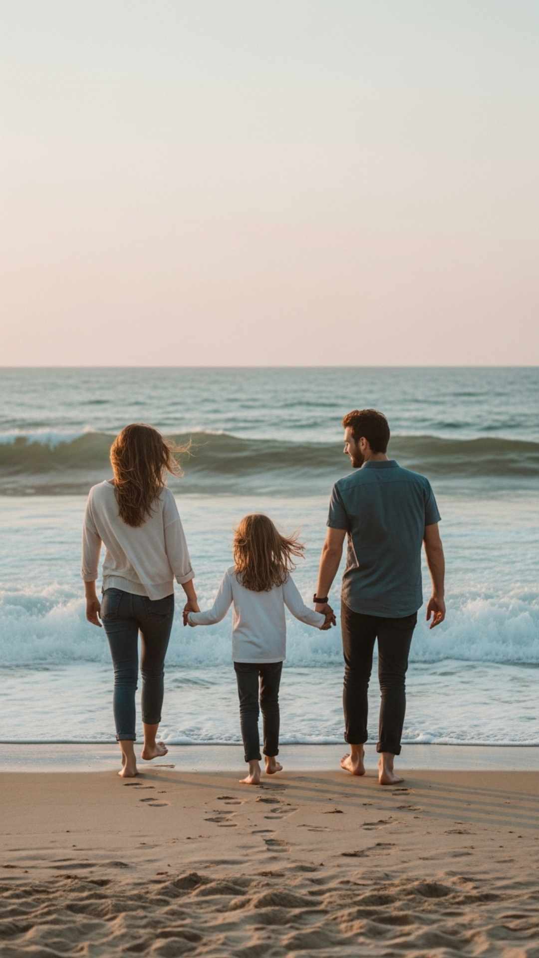A scenic vertical photo of a family walking on the beach at dusk, capturing a relaxed and candid moment for a peaceful Facebook or Instagram story update and aesthetic family display picture.