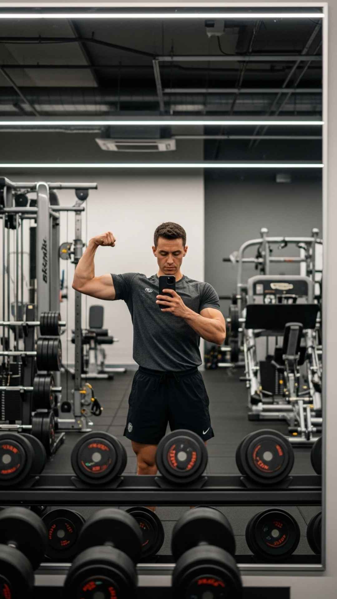 A vertical gym mirror selfie showing a fitness enthusiast doing a "cool gym flex" pose. This type of mirror selfie is commonly used as a profile picture to showcase physique and progress in a fitness environment.