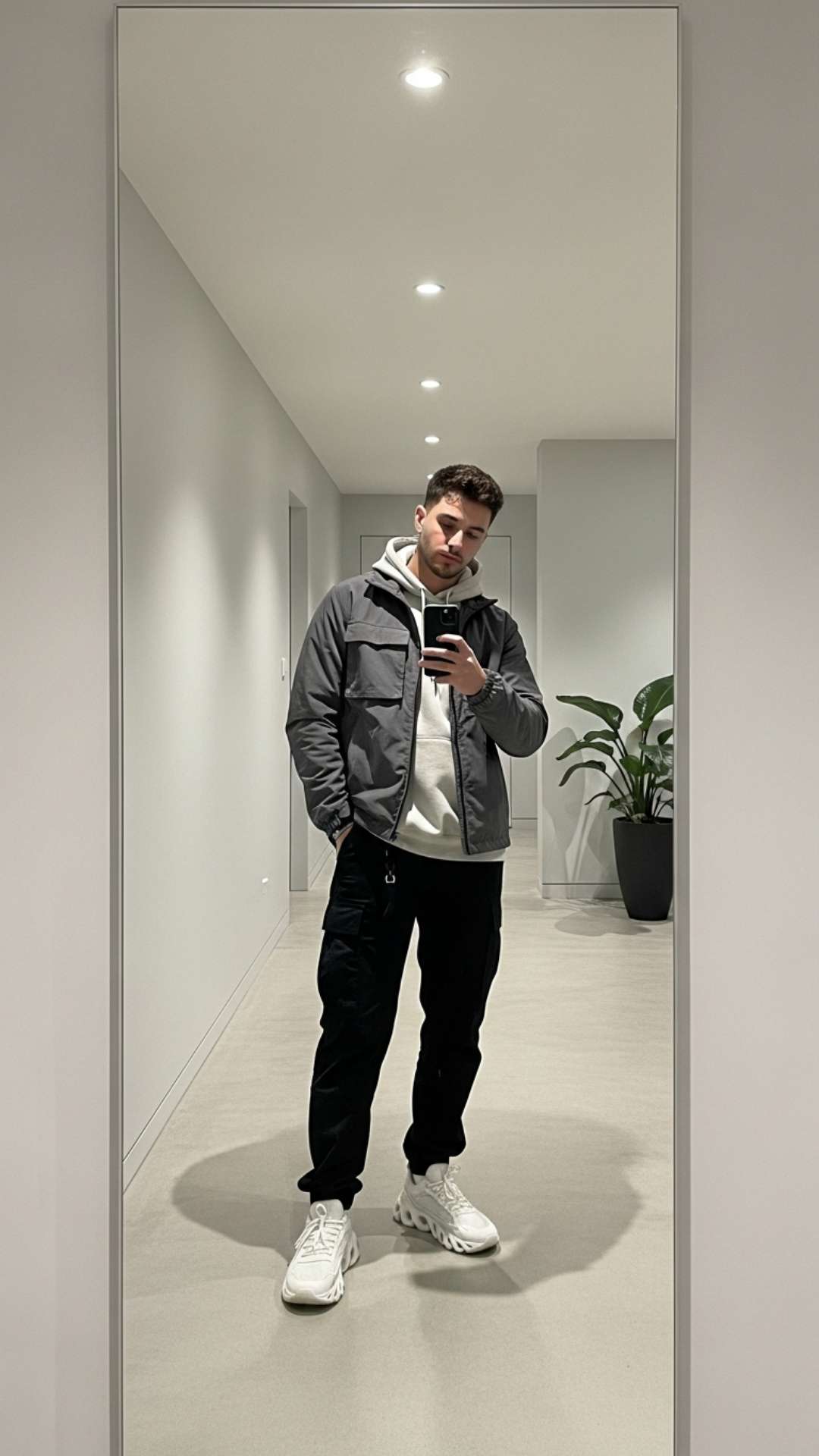 A full-body mirror selfie capturing a complete OOTD (outfit of the day) check from shoes to accessories. This pose is ideal for showcasing style in a profile picture, unlike traditional front-camera selfies that only capture the face.