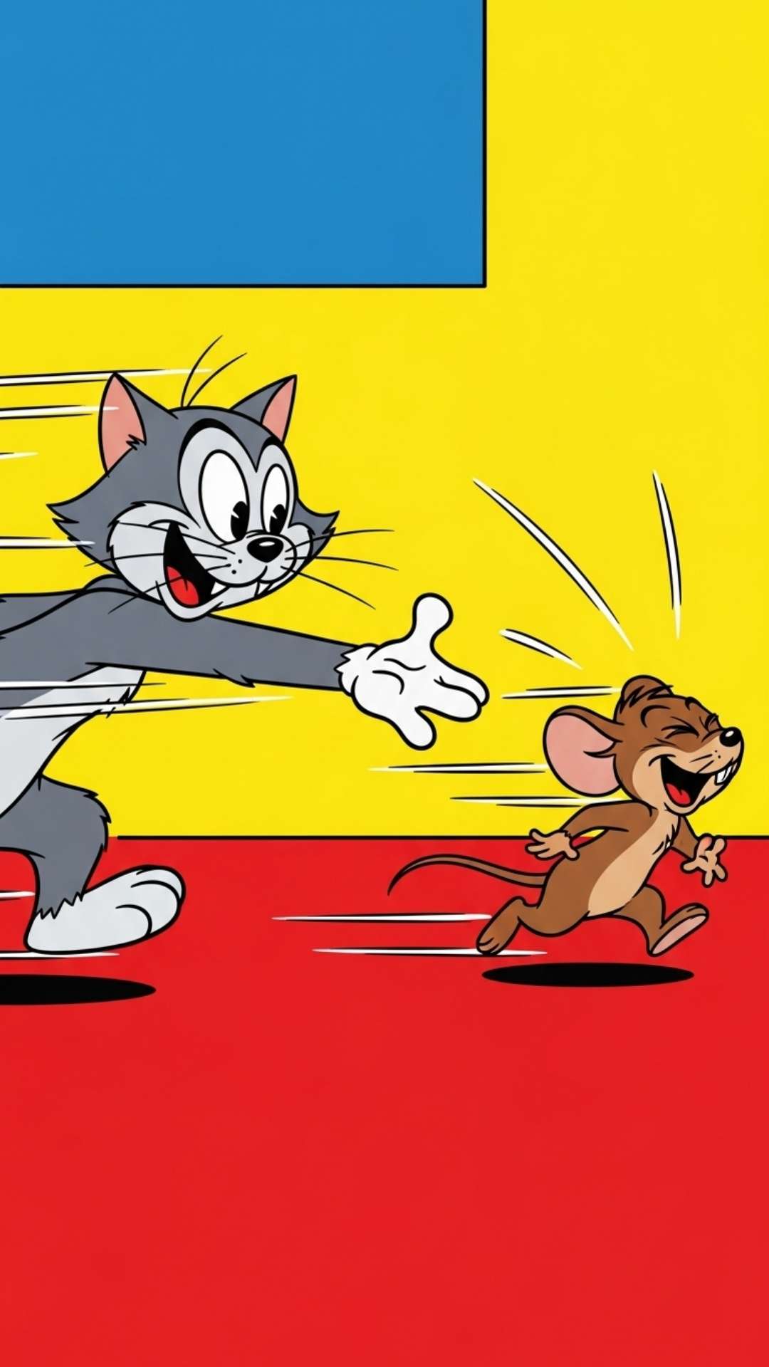 A funny vertical cartoon illustration of a cat and mouse chase in a vintage style, similar to Tom and Jerry, representing playful sibling dynamics and rivalry for a humorous brother-sister WhatsApp DP.