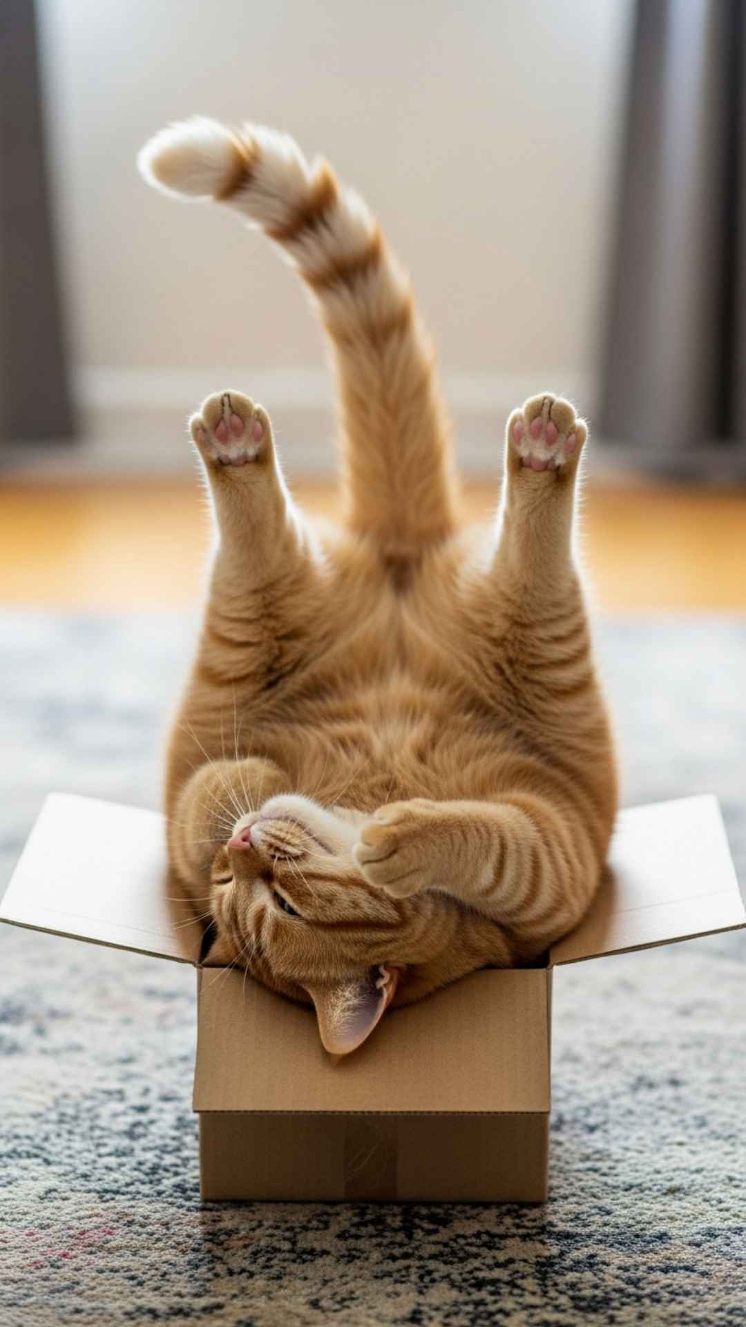 A hilarious candid shot of a cat stuck upside down in a box, capturing an awkward position perfect for a funny cat DP. This meme-worthy image signals humor and approachability, making it a top choice for users searching for viral funny cat photos for WhatsApp or Facebook.