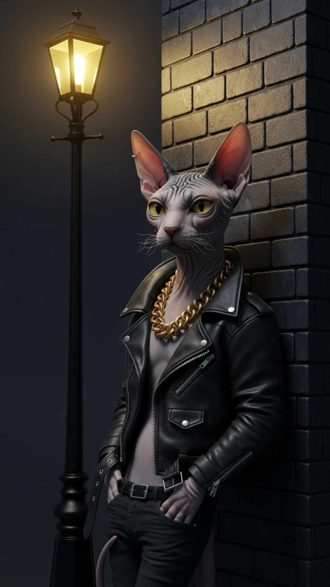 An edgy gangster cat wearing a leather jacket and gold chain, designed as a confident Facebook DP for boys. This savage cat image utilizes a bad boy aesthetic to help users stand out in group chats and social feeds.