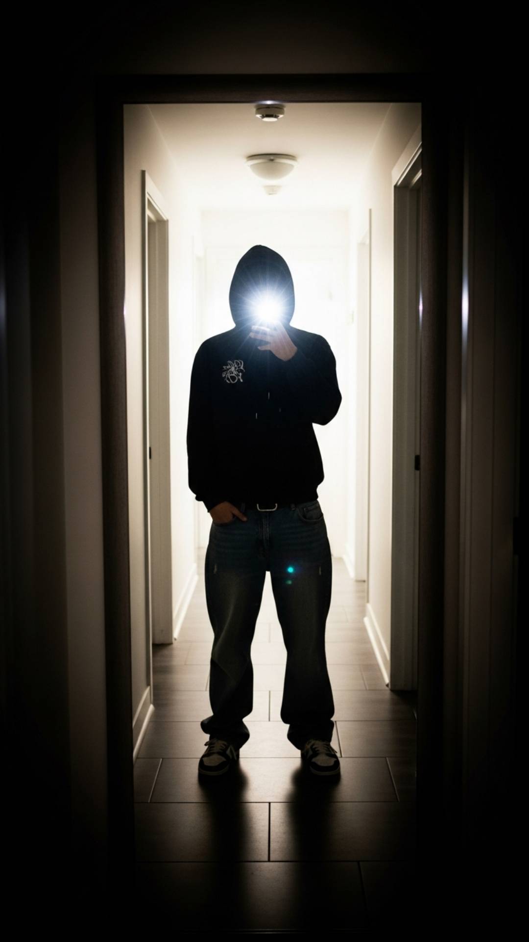 A Gen Z style mirror selfie using the "flash aesthetic" technique to hide the face and create a mysterious silhouette. This dark, grainy photo uses a bright flash in a dark room to achieve a raw, authentic vibe, making it a top choice for cool, anonymous display pictures on WhatsApp and social media.