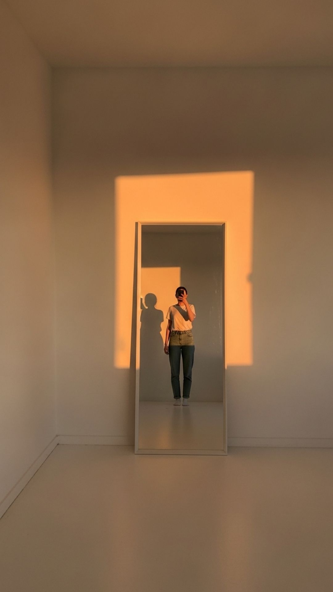 A minimalist mirror selfie taken during golden hour, featuring warm natural sunlight and a simple white t-shirt outfit. The clutter-free, neutral background emphasizes the "effortless and polished" goal of the clean aesthetic, making this image a top choice for a serene and artistic profile picture.