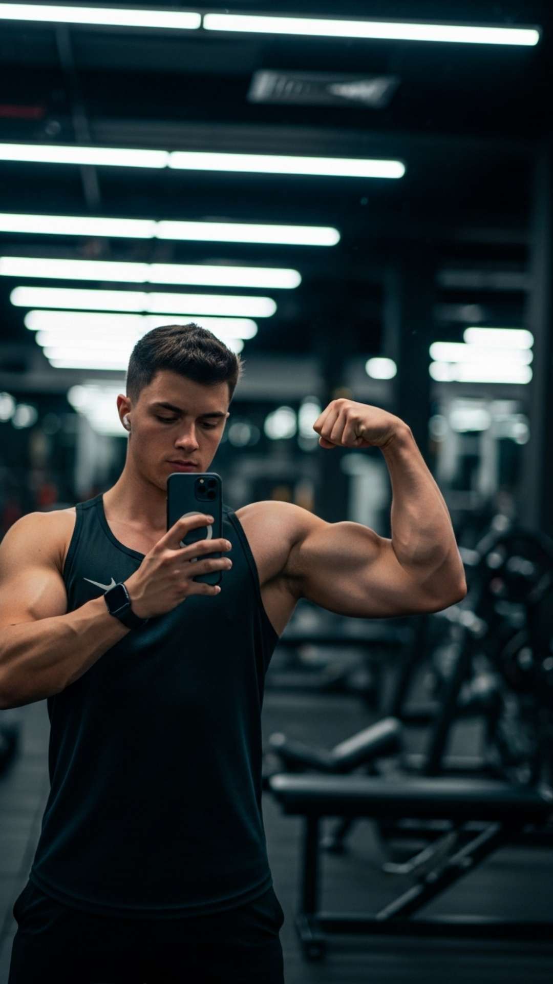 A dynamic gym mirror selfie featuring the "gym flex" pose to highlight muscle definition under bright lighting. This fitness-oriented display picture is perfect for boys who want to showcase their athletic progress and confident physique on social media platforms like Instagram and Facebook.
