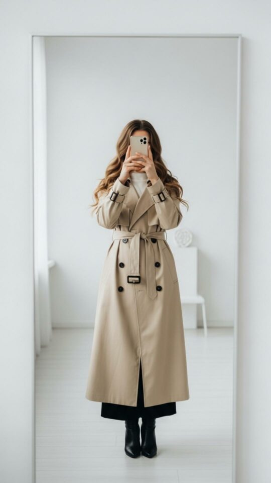 A vertical aesthetic mirror selfie featuring a girl with long wavy hair holding a phone in front of her face to hide her identity. This popular "hidden face" pose shifts the focus to her stylish beige outfit and hair, making it a perfect choice for camera-shy users looking for a trendy WhatsApp DP or Pinterest profile picture.