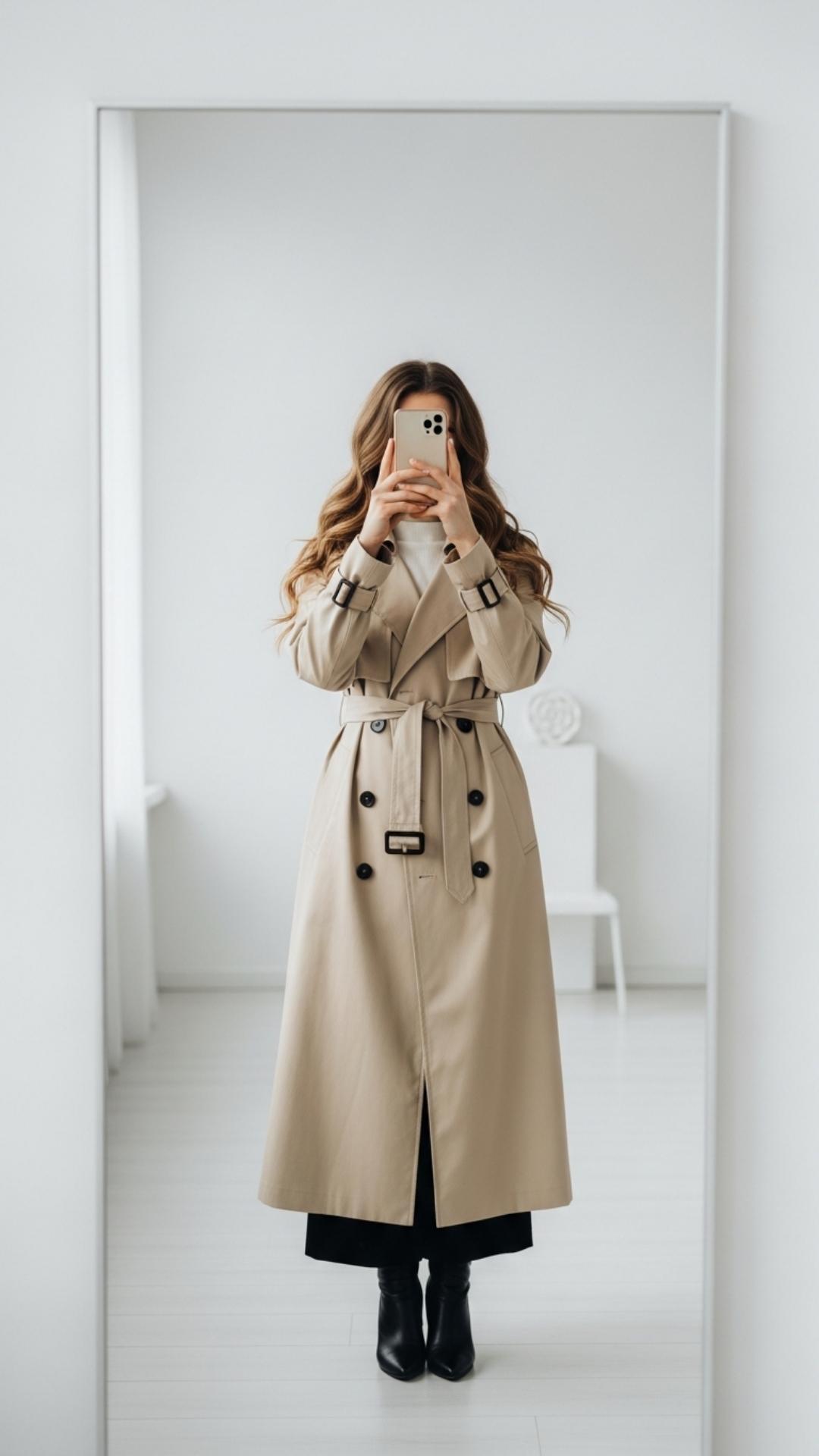 A vertical aesthetic mirror selfie featuring a girl with long wavy hair holding a phone in front of her face to hide her identity. This popular "hidden face" pose shifts the focus to her stylish beige outfit and hair, making it a perfect choice for camera-shy users looking for a trendy WhatsApp DP or Pinterest profile picture.
