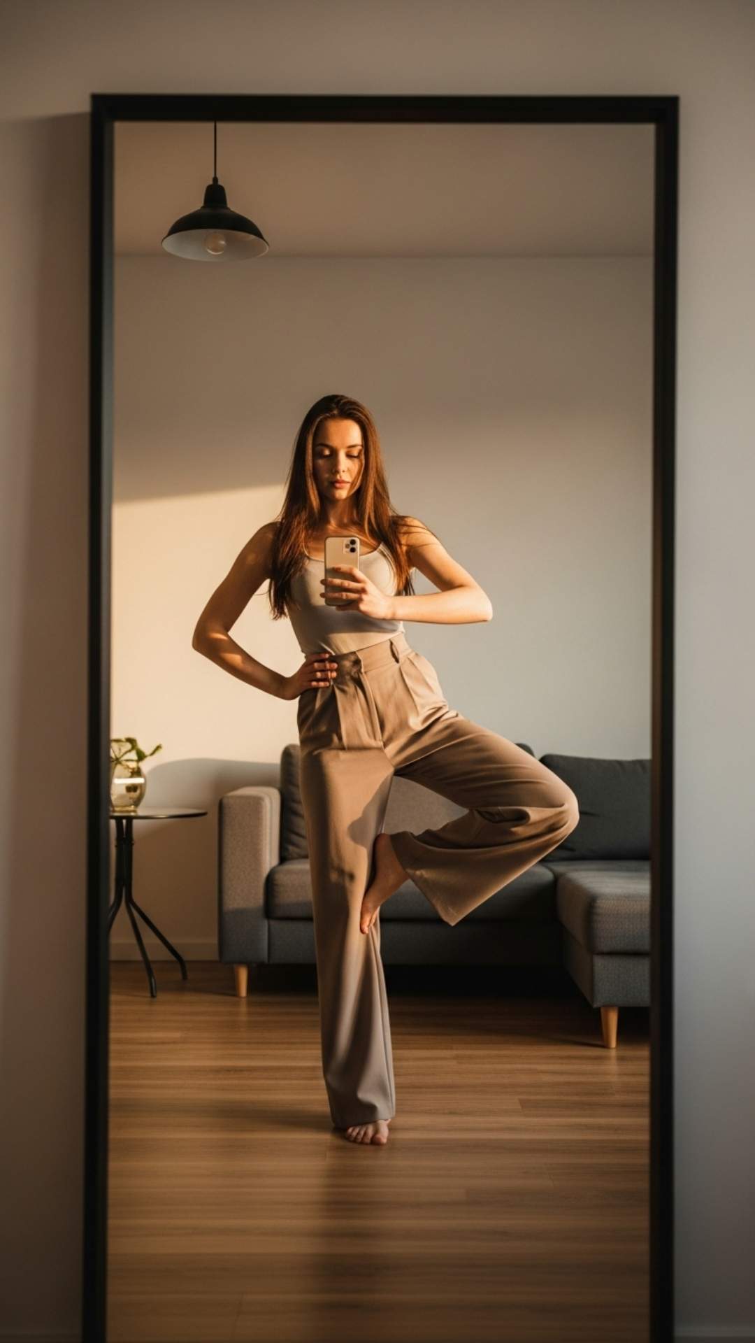 A vertical mirror selfie featuring a girl doing the trendy "hip pop" pose to create a flattering S-curve silhouette. This chic and confident stance is one of the best WhatsApp DP ideas for girls who want to showcase their outfit and figure with an aesthetic vibe.