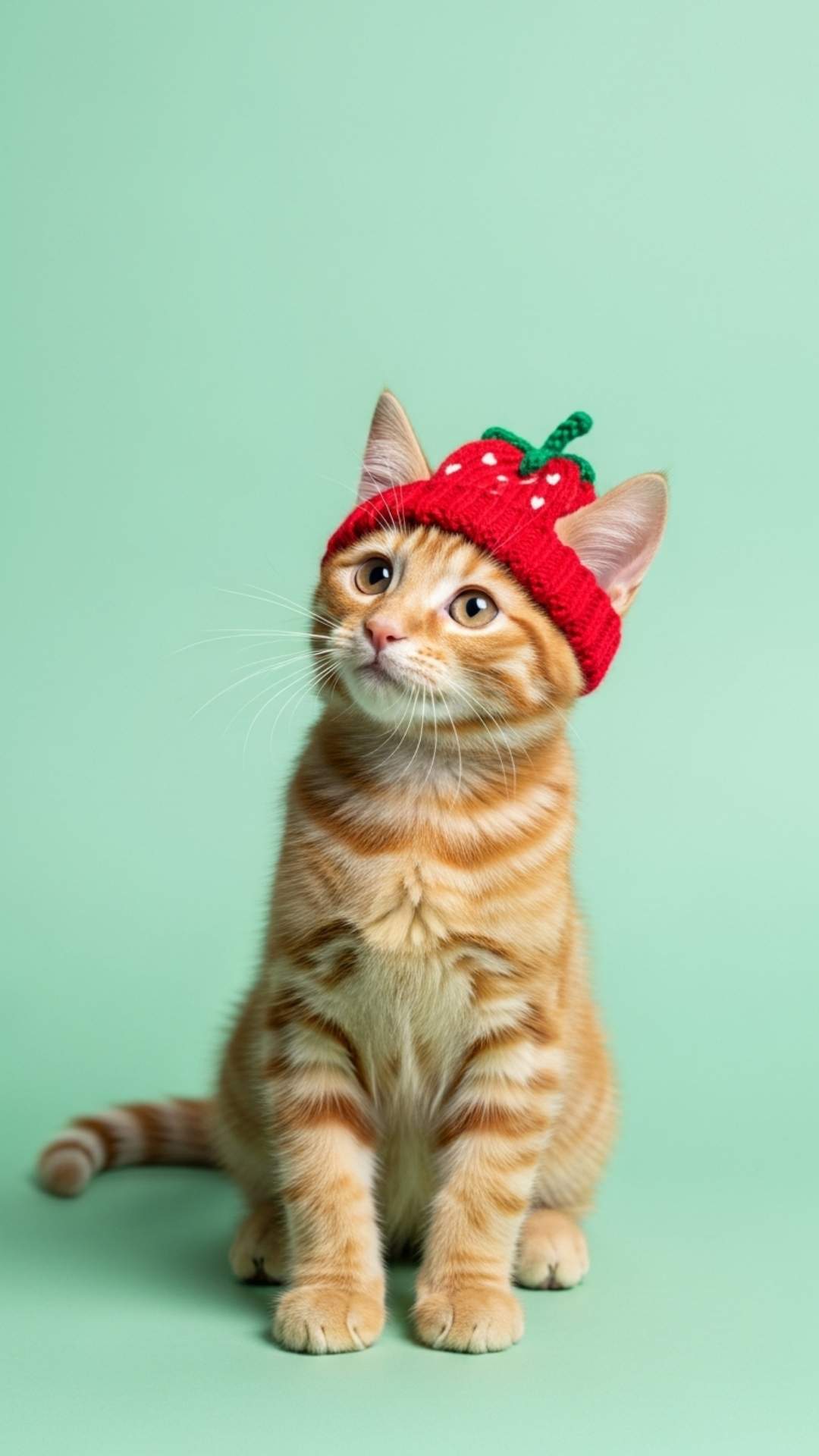 A funny and innocent kitten wearing a tiny knitted strawberry hat, ideal for a unique and creative WhatsApp DP. This playful image targets users looking for fashion-forward pet photography and expressive, heart-melting avatars for Instagram or TikTok.