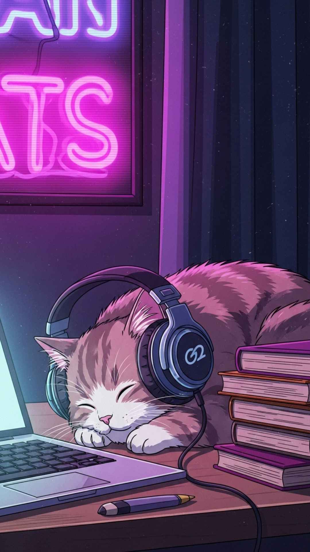 A nostalgic Lo-fi cat wearing headphones in a retro anime style, capturing the ultimate chill and relaxing vibe. This artistic illustration targets the "lo-fi hip hop" demographic and serves as a perfect aesthetic background for calming phone wallpapers or creative DPs.