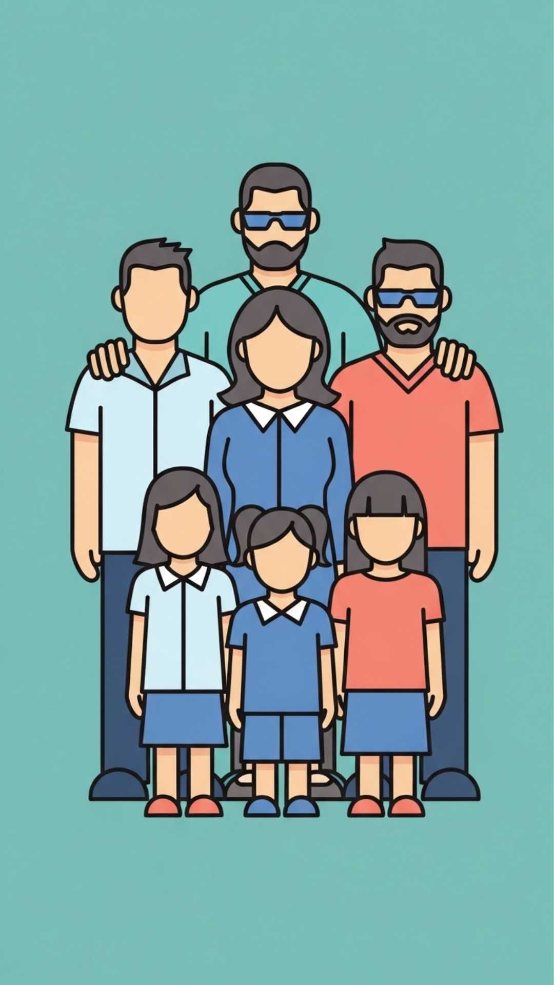 A minimalist flat vector art illustration of a faceless family on a pastel background, designed as a clean family group chat icon for WhatsApp or Telegram to ensure privacy while maintaining a modern aesthetic.