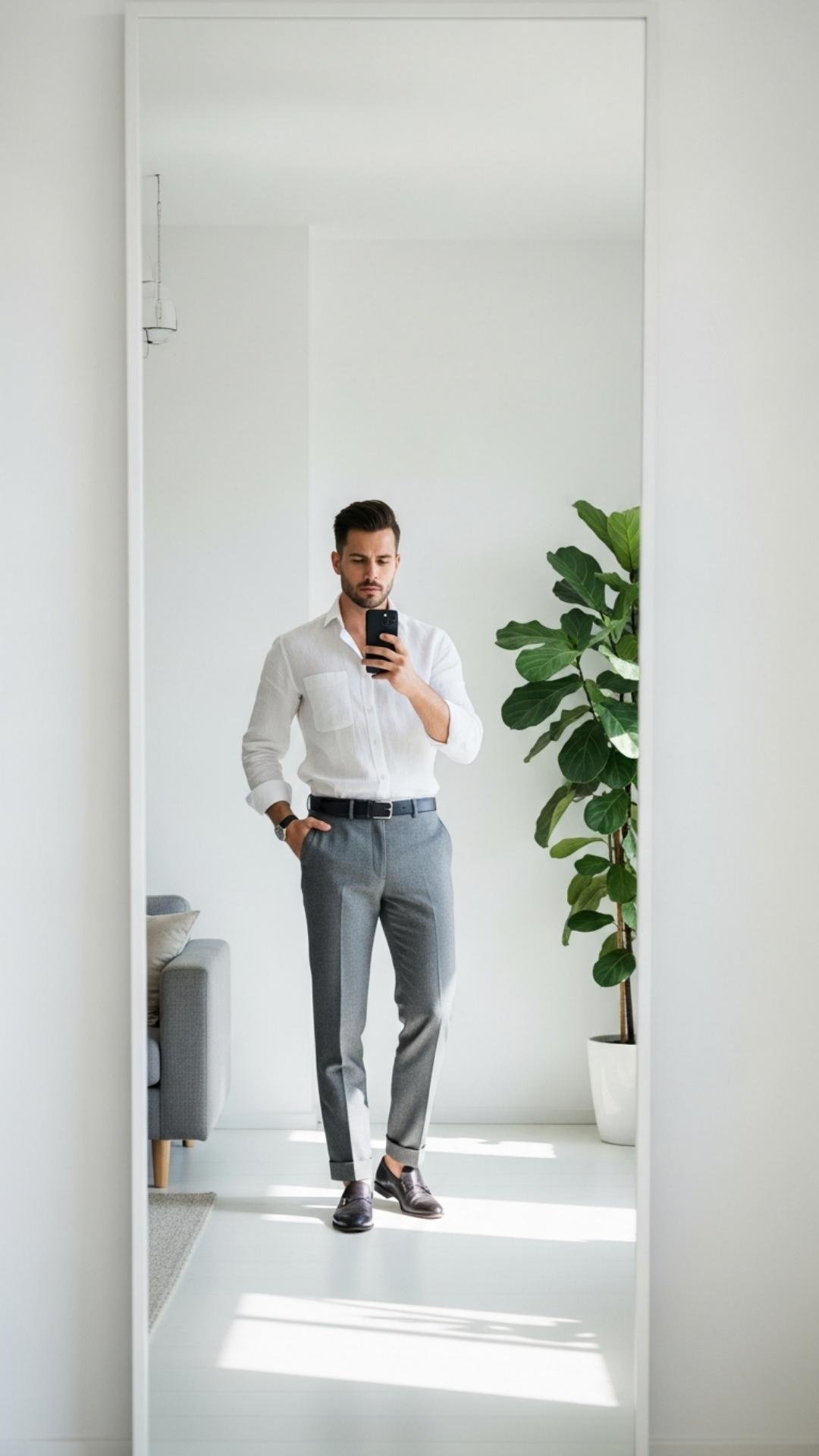 A polished "clean boy" aesthetic mirror selfie showcasing a neutral OOTD (Outfit of the Day) with a white linen shirt. The photo features a clutter-free background and bright natural lighting, making it an ideal reference for men's fashion profile pictures on Facebook or WhatsApp that convey an effortless, professional vibe.