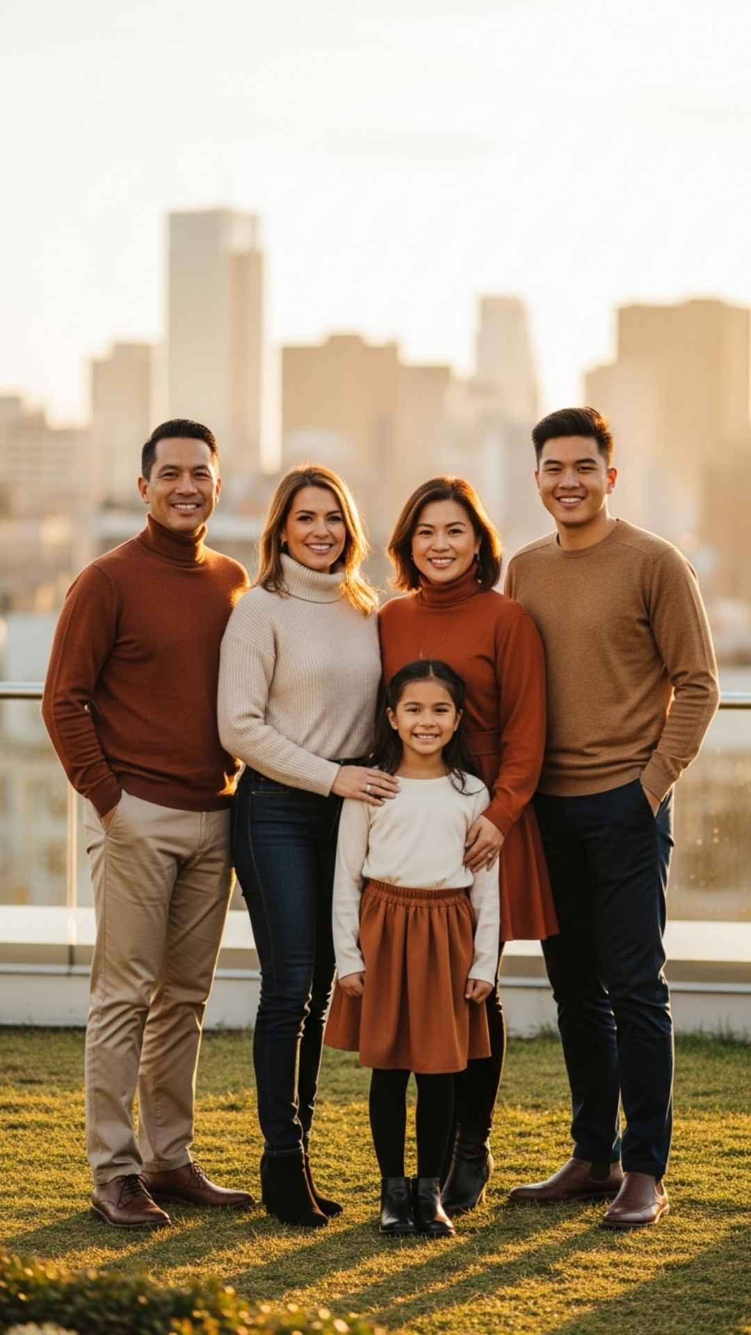 A vertical, stylish family portrait on a rooftop at sunset, designed for a modern family DP to establish digital identity on platforms like Facebook and WhatsApp. The image shows a happy family of four smiling confidently.