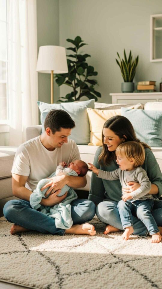 A heartwarming vertical picture of parents introducing a newborn baby to a toddler sibling, perfect for a family DP marking a significant life milestone or a new baby announcement on social media.