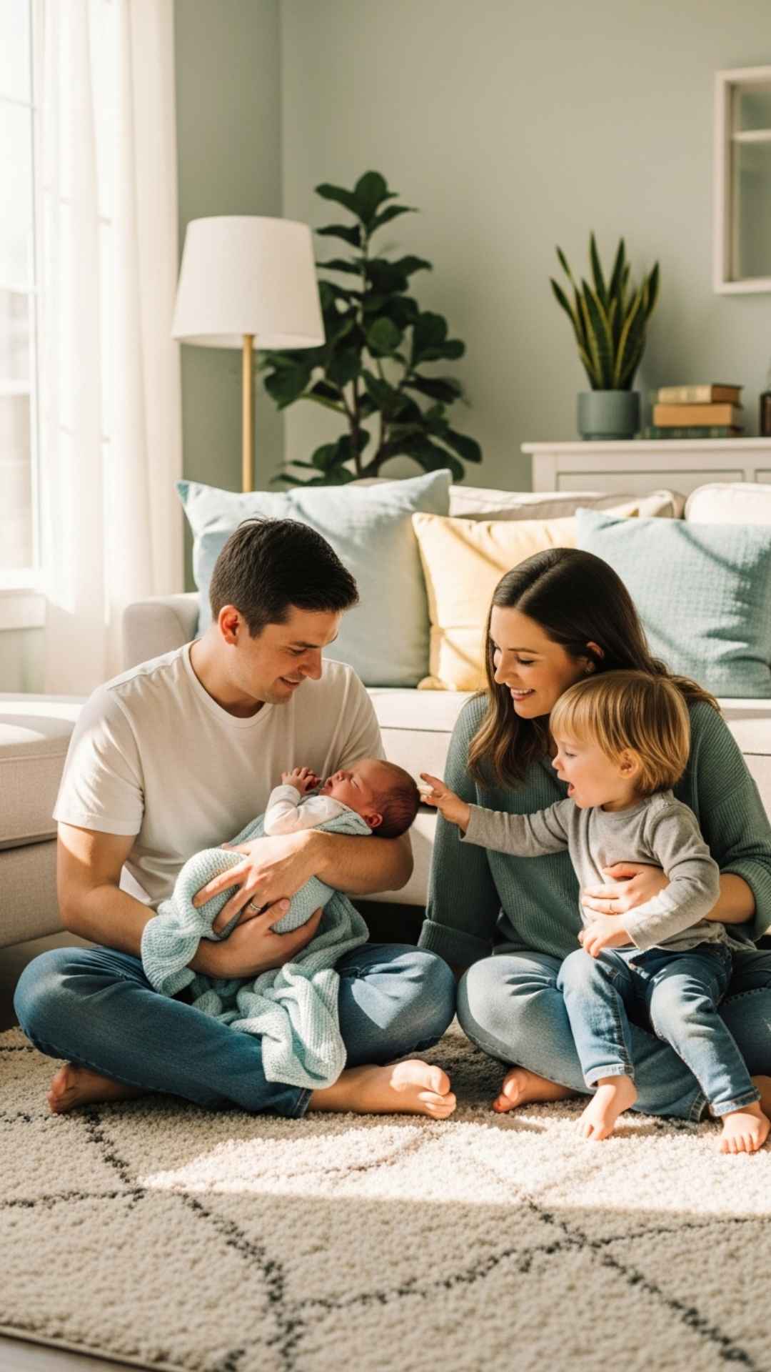 A heartwarming vertical picture of parents introducing a newborn baby to a toddler sibling, perfect for a family DP marking a significant life milestone or a new baby announcement on social media.