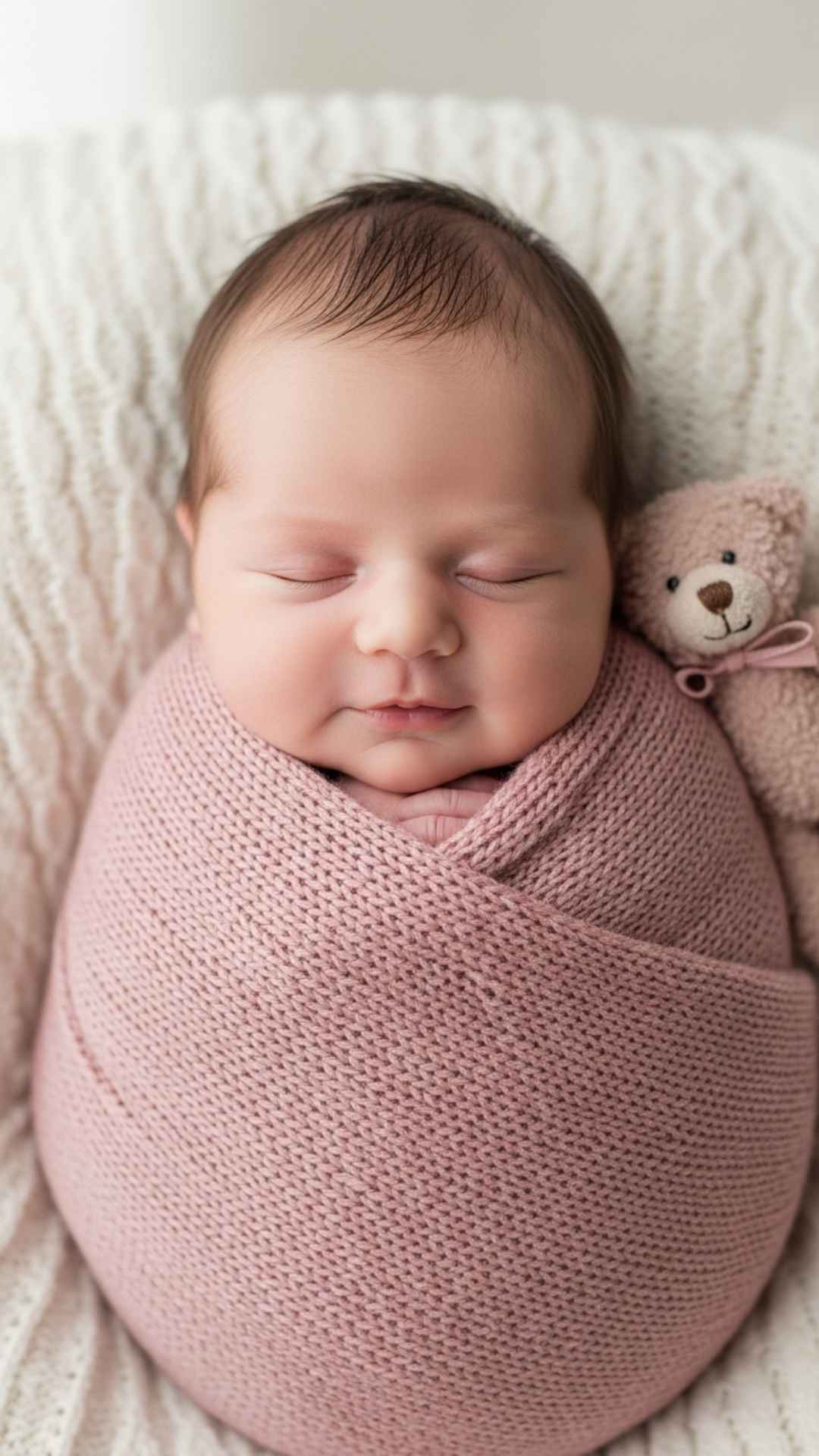 A close-up vertical portrait of a sleeping newborn baby girl wrapped in a pink knitted blanket, ideal for a 'Welcome to the World' announcement or a cute baby WhatsApp profile picture for new parents.