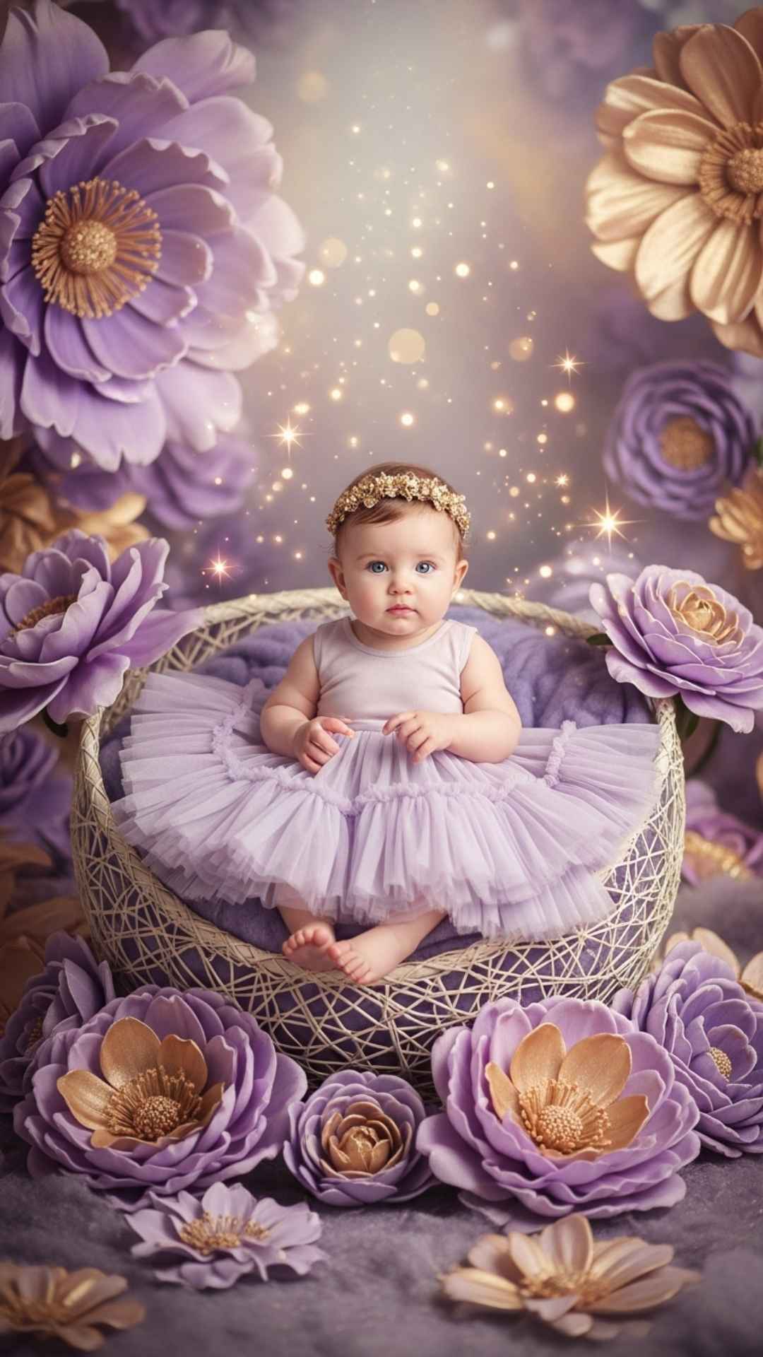 A whimsical vertical princess-themed photo of a baby girl wearing a floral crown in a magical garden setting, suitable for aesthetic baby wallpapers or a 'Daddy's Little Princess' social media status.