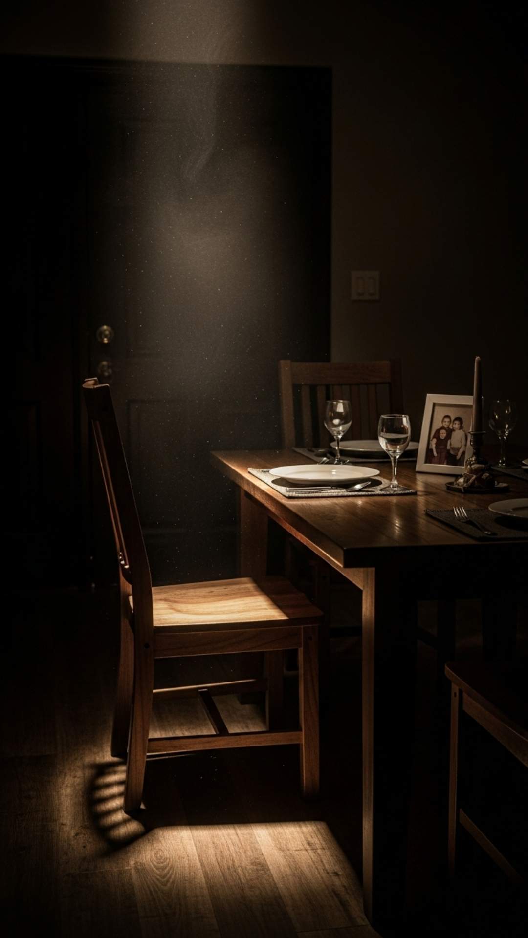 A vertical sad family DP featuring an empty chair at a dinner table under a spotlight, symbolizing the loss of a loved one or the absence of a family member due to work abroad, evoking feelings of grief and longing.
