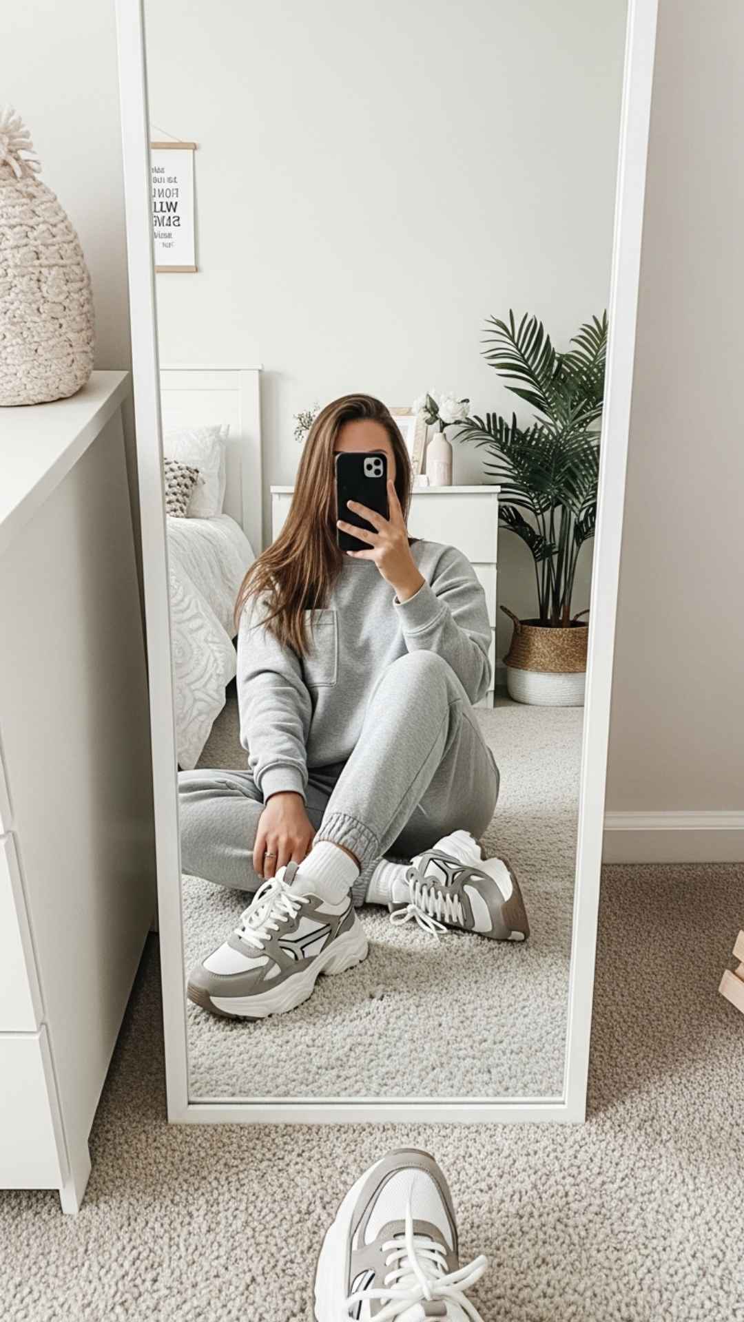 A cozy "sit-down" mirror selfie where a girl sits cross-legged to show off stylish sneakers and loungewear. This relaxed pose creates a casual vibe, making it a perfect choice for a cute and comfortable display picture (DP) on Instagram or WhatsApp.