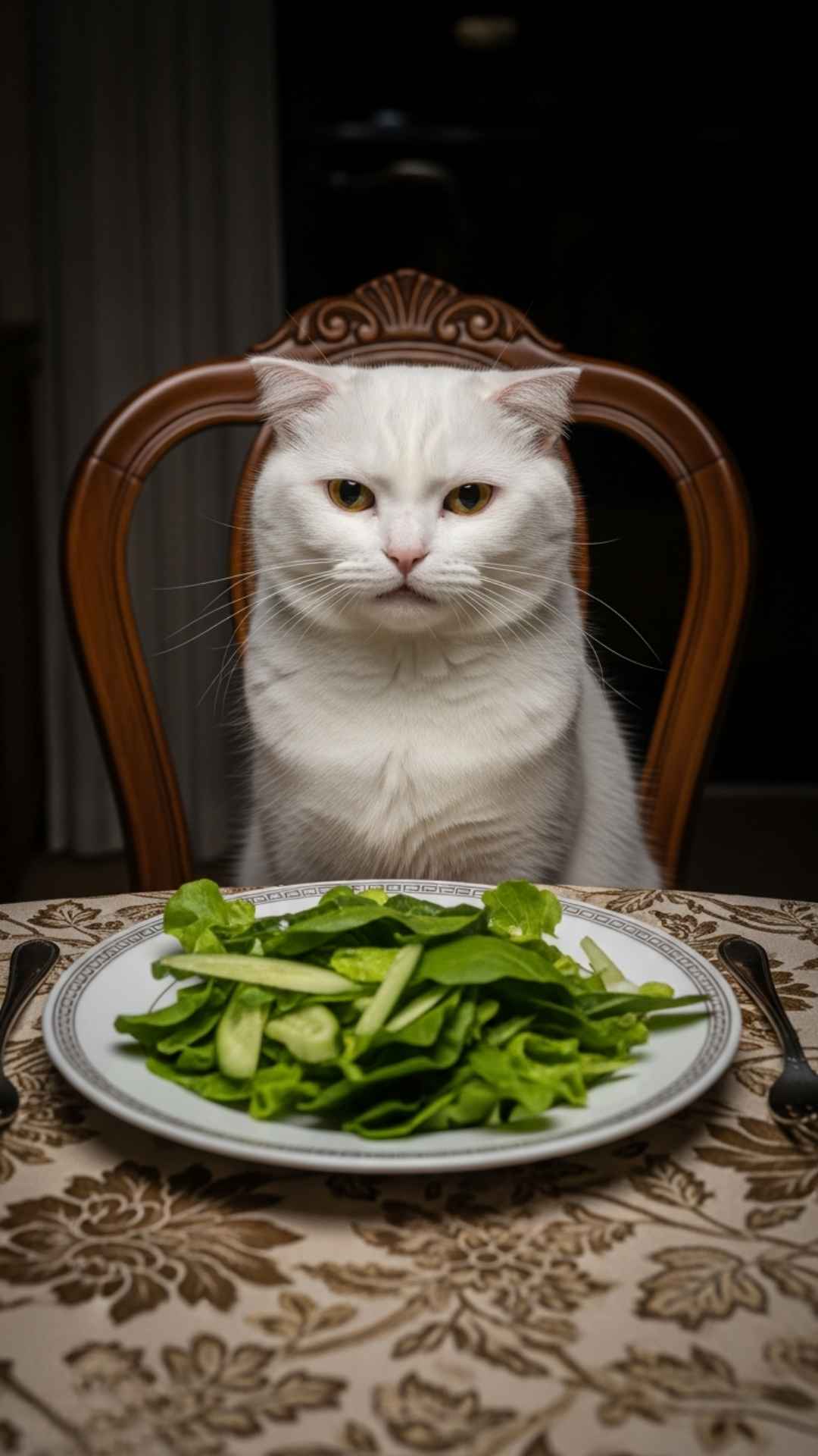 A confused white cat sitting at a dinner table with salad, reminiscent of the viral Smudge the Cat meme. This funny reaction image is ideal for users wanting to be the life of the digital party with a savage and humorous avatar that instantly connects with meme lovers.
