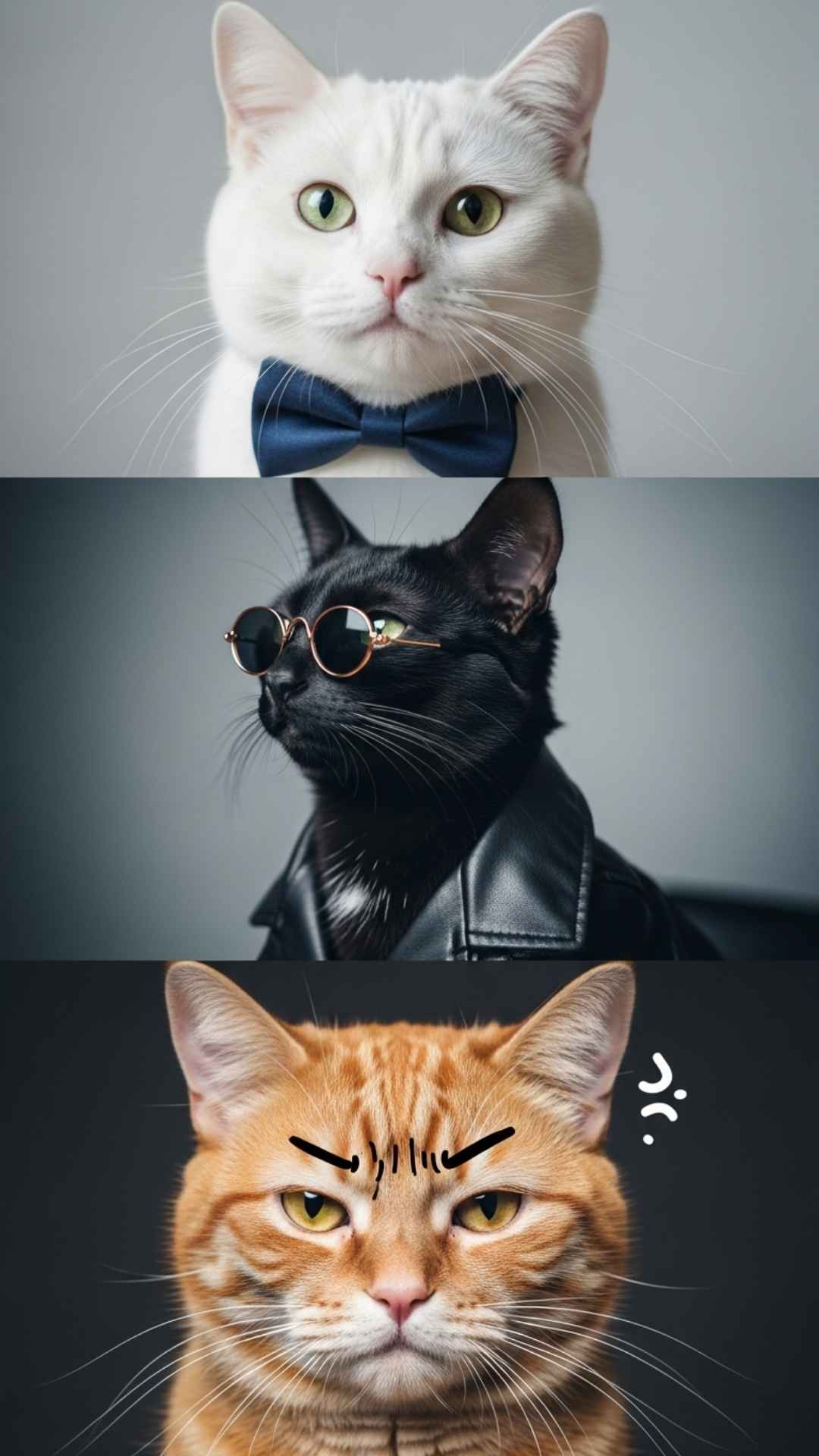A versatile cat display picture showing a feline that is simultaneously cute, cool, and savage, with different expressions to match any mood from affectionate to rebellious. This triptych demonstrates the versatility of a Cat DP