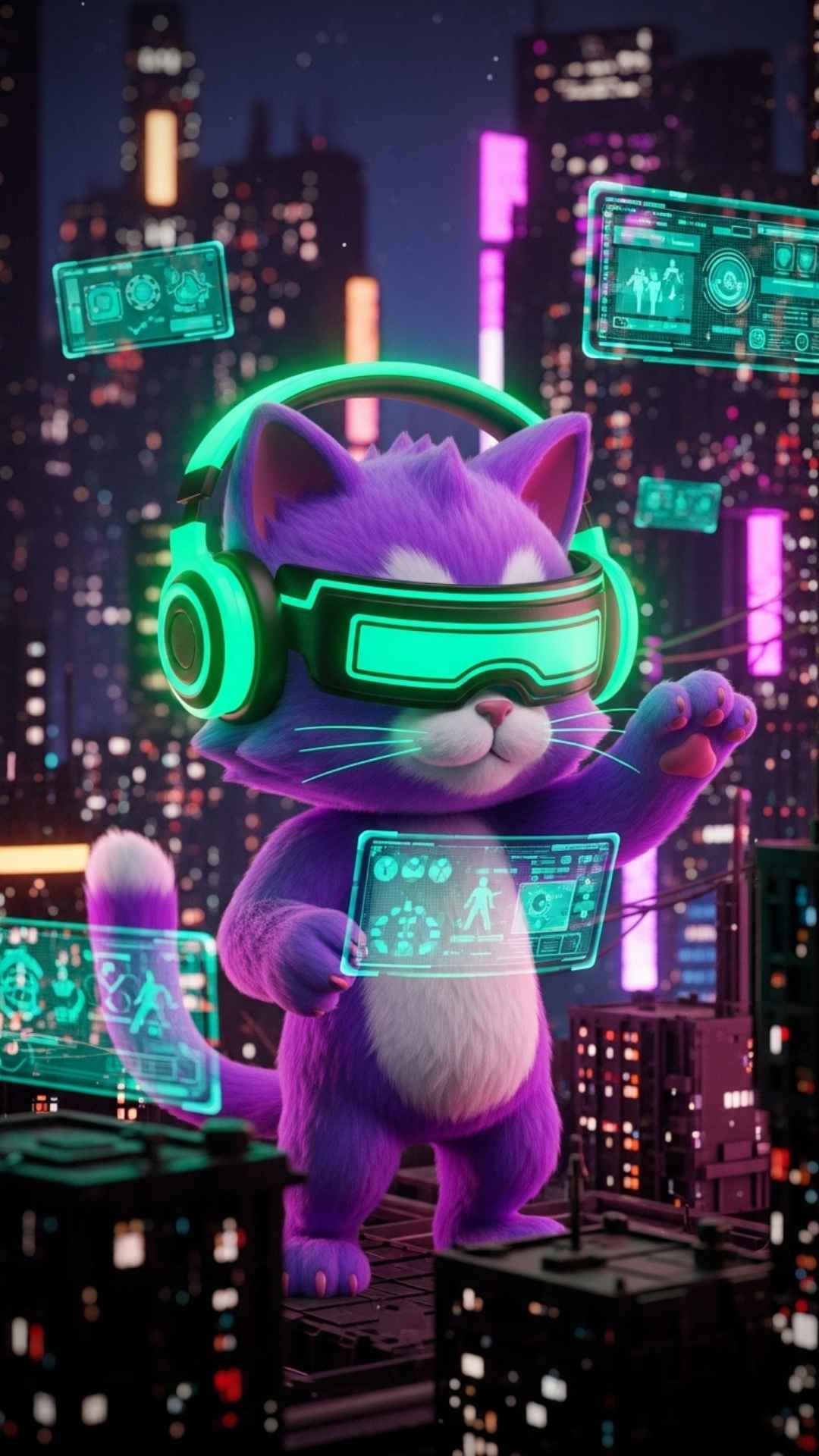 A vibrant 3D gamer cat wearing neon headphones and futuristic glasses, designed for a high-energy animated look. This cyberpunk-style cat avatar is optimized for gamers and streamers on Twitch or Discord looking for a cool, digital art profile picture.